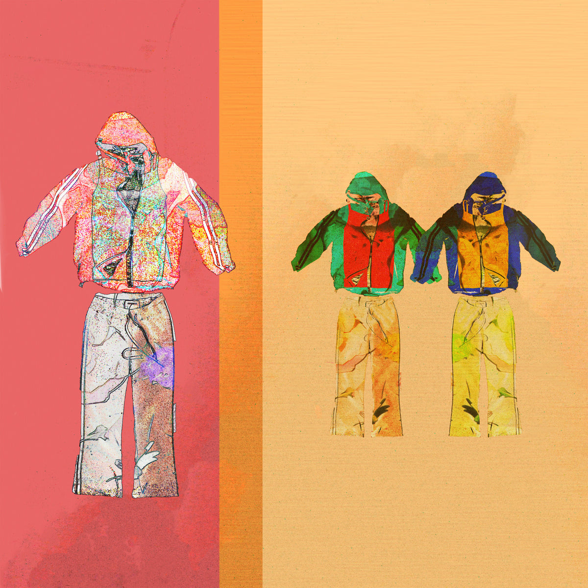A stylized fashion illustration showing three hooded jackets with wide-leg pants on a split red-orange and beige background.