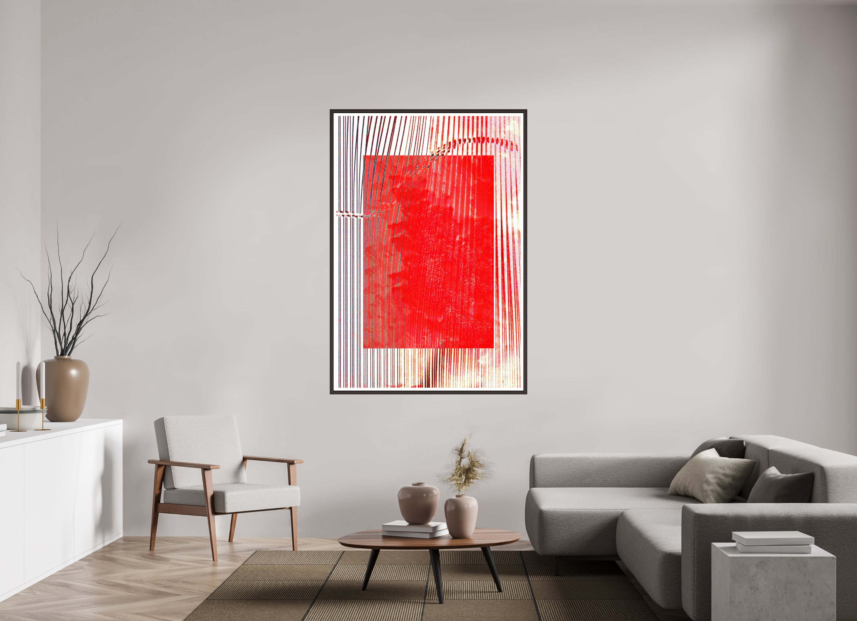 43 x 63.6″, Floater Frame (Alder Brown) Red Waves