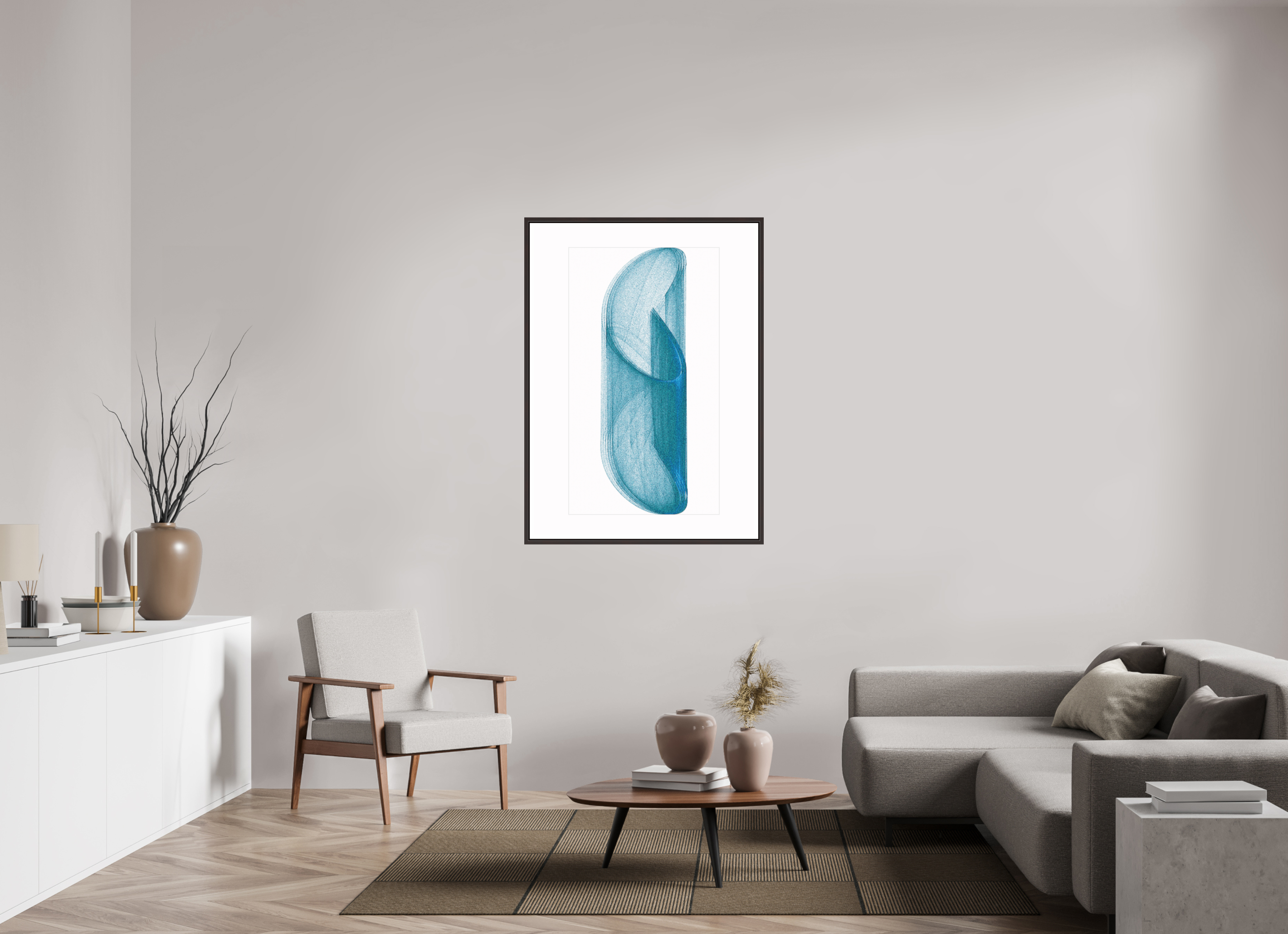 35 x 49″, Floater Frame (Alder Brown) Brutal Blue