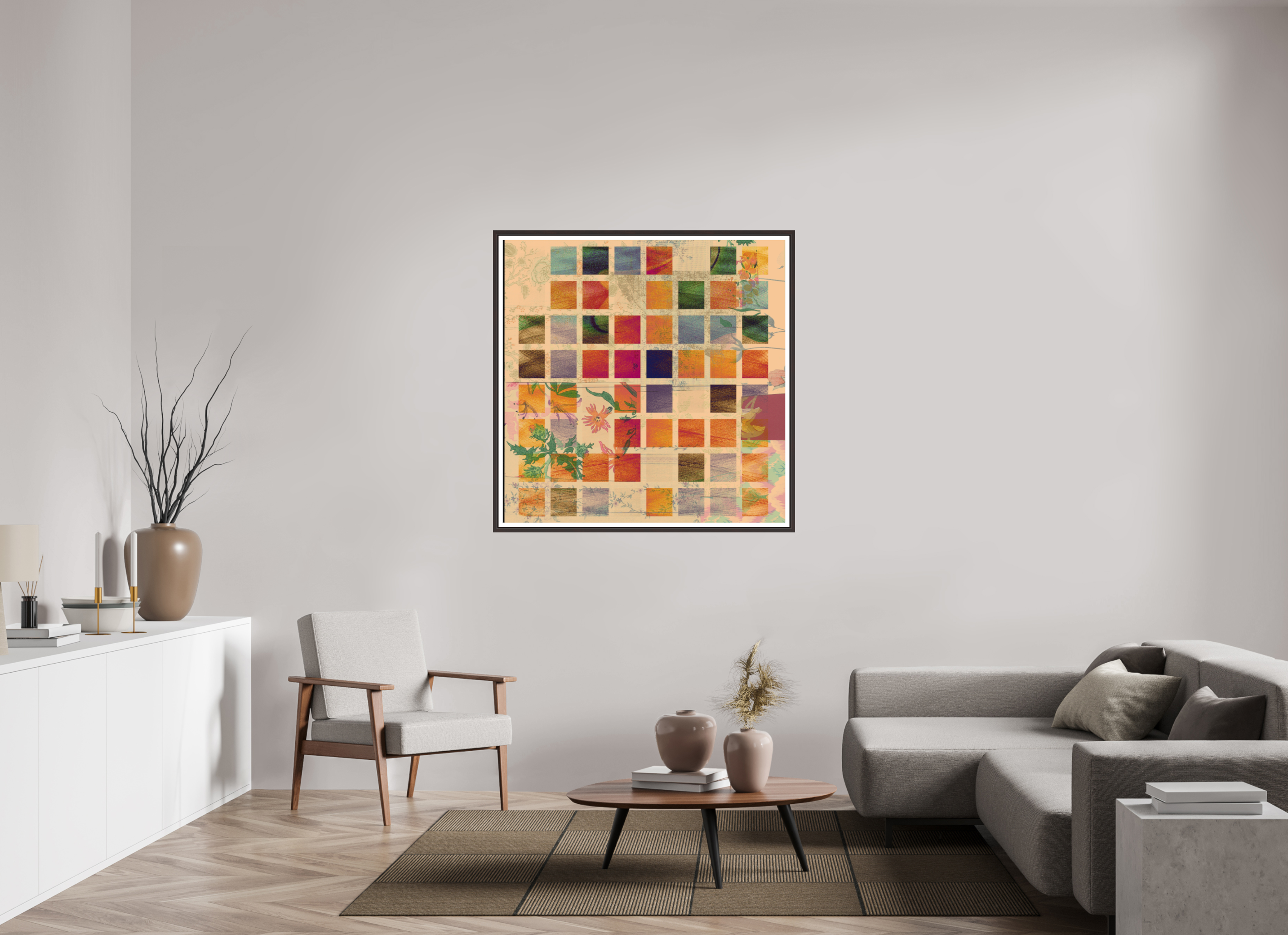 45 x 45″, Floater Frame (Alder Brown) Earth Tones