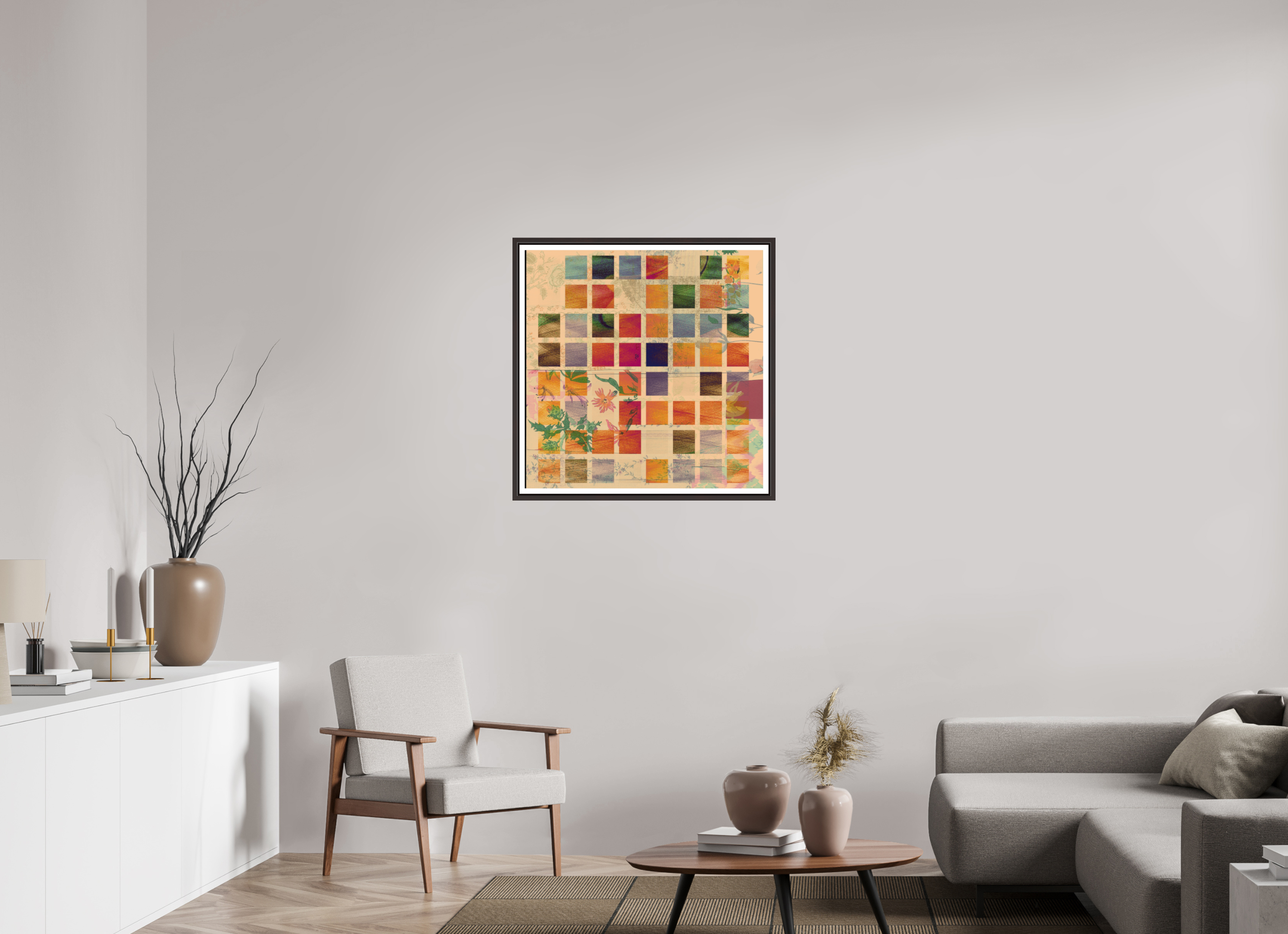30 x 30″, Floater Frame (Alder Brown) Earth Tones