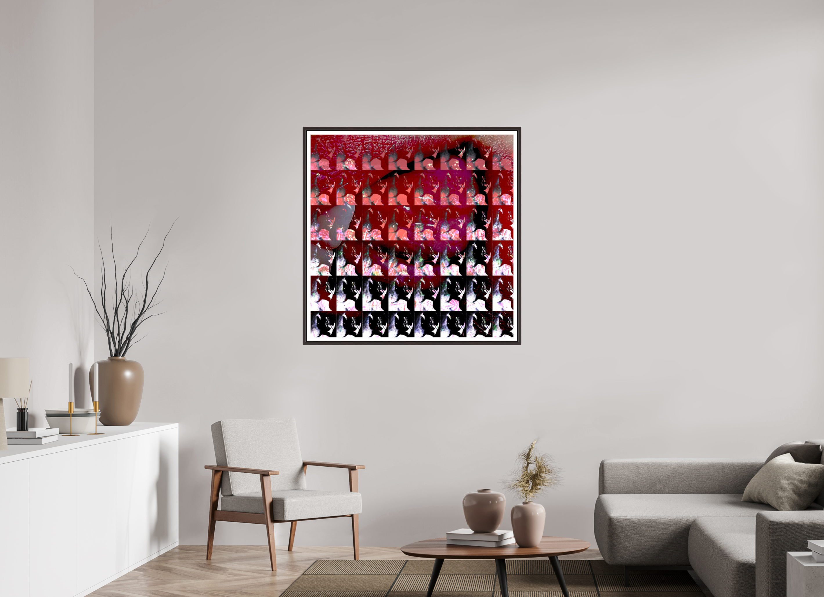 40 x 40″, Floater Frame (Alder Brown) Lip Service