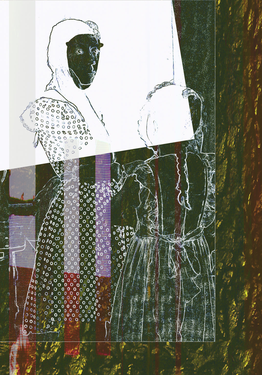 An abstract art print featuring two stylized figures in vintage dresses, rendered with black, white, and gray line art over a textured background of olive green, gold, and red vertical stripes.