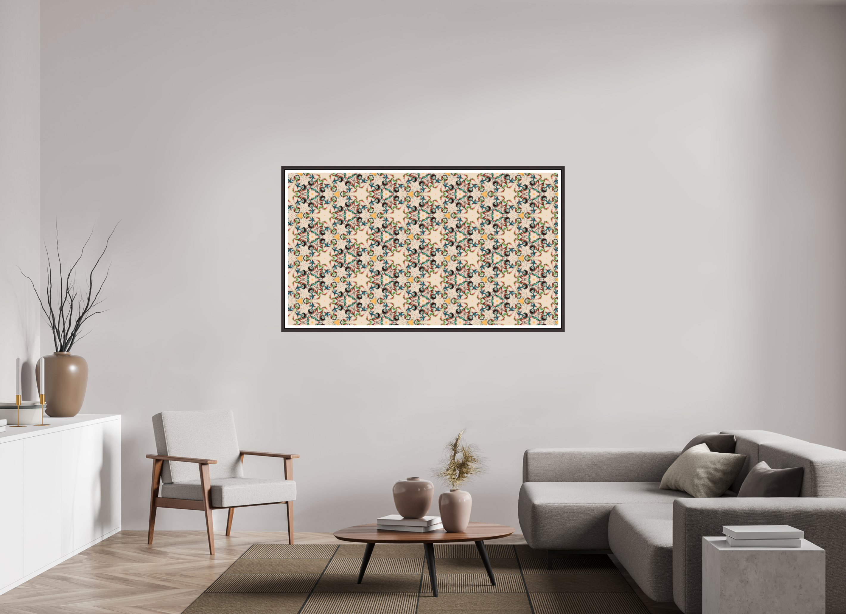 64 x 36″, Floater Frame (Alder Brown) Rose Garden