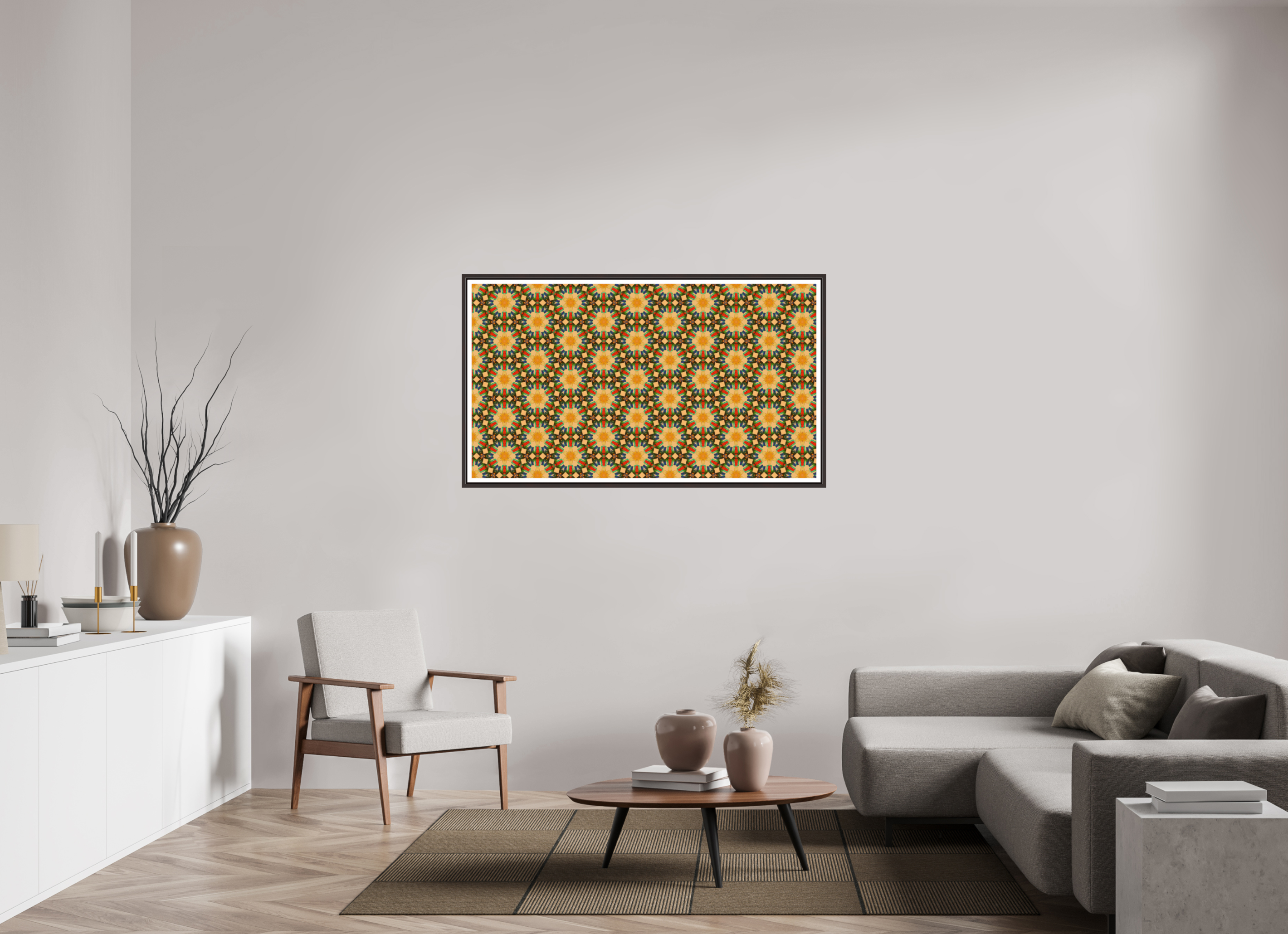 55 x 30.9″, Floater Frame (Alder Brown) Harmony, Respect, Purity, and Tranquility