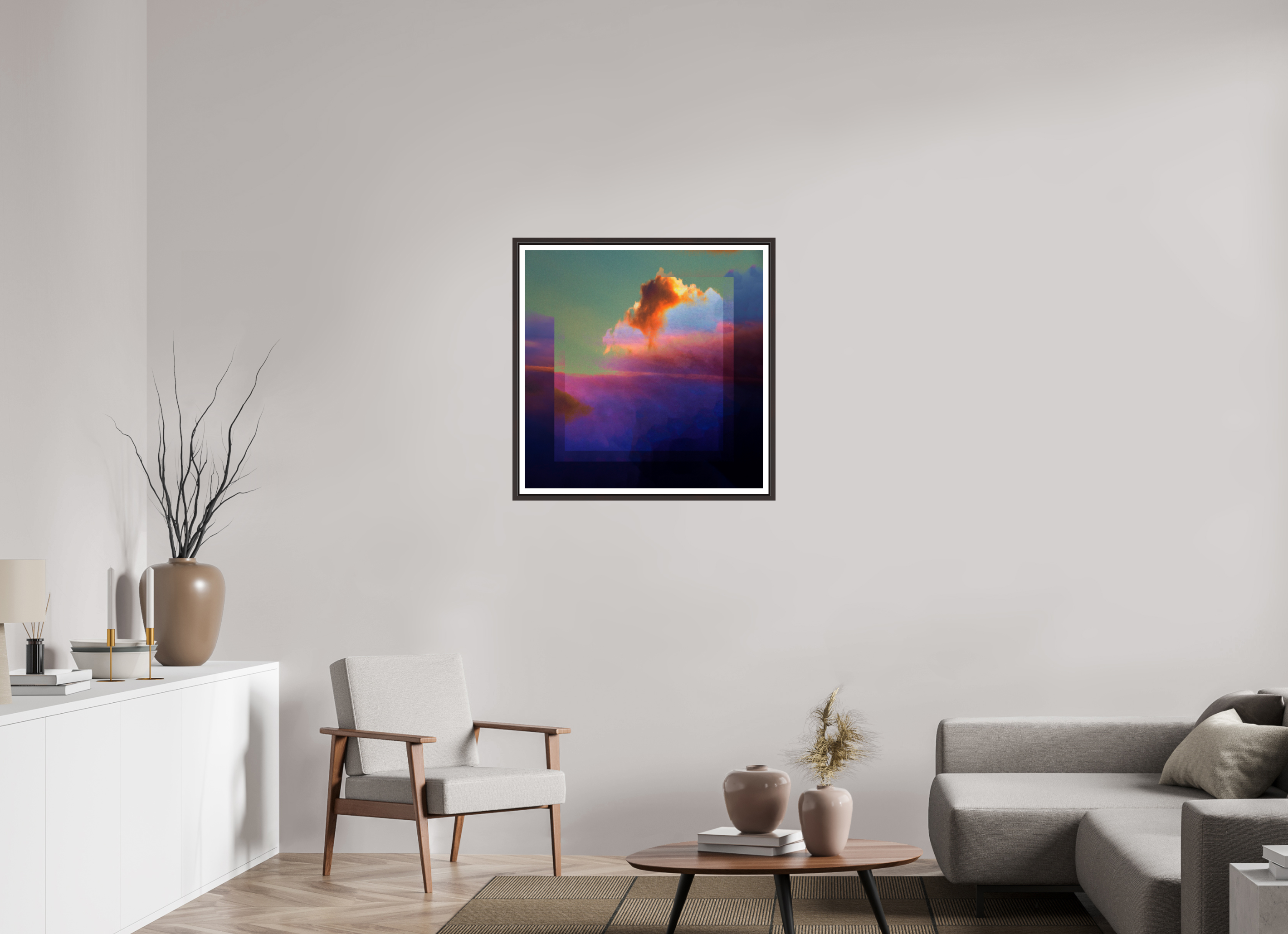 30 x 30″, Floater Frame (Alder Brown) Lofi Clouds