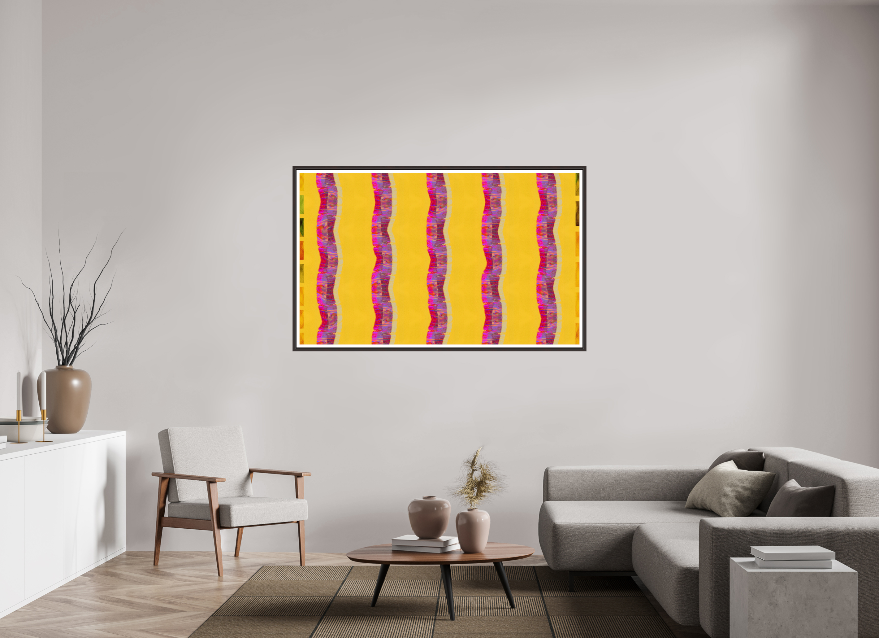 63.9 x 39″, Floater Frame (Alder Brown) Purple Waves