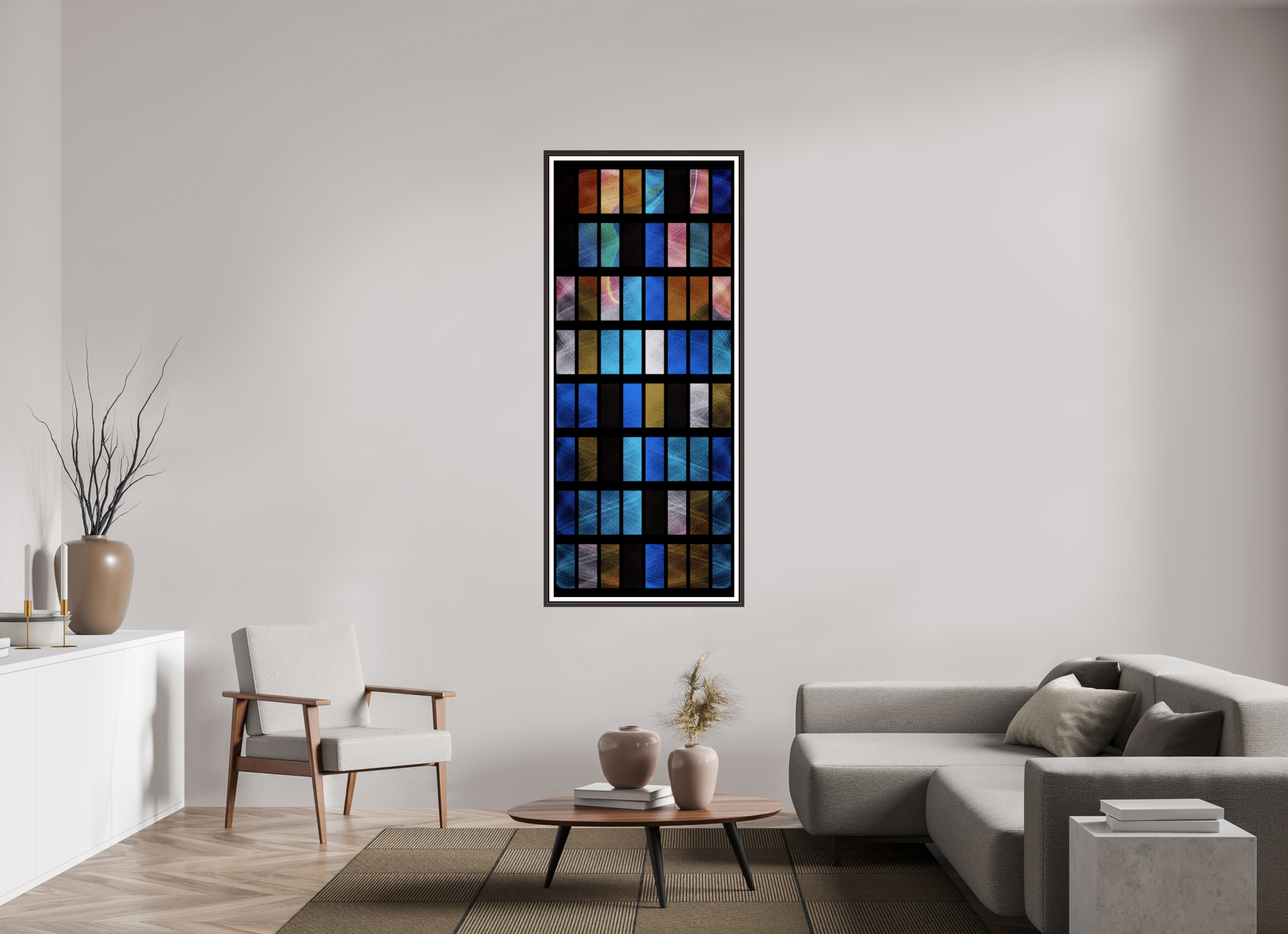 28 x 68″, Floater Frame (Alder Brown) stained glass