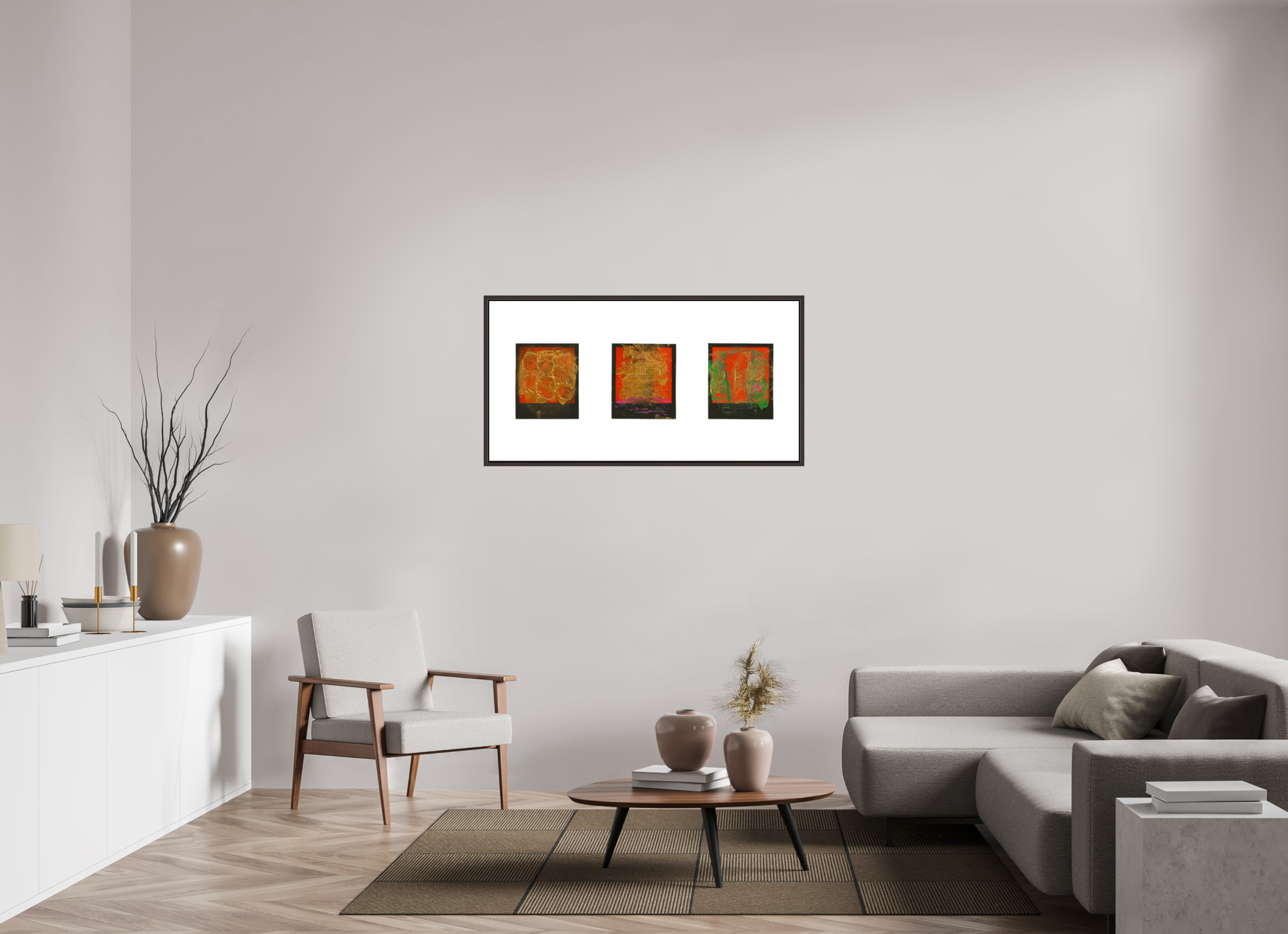 48 x 24″, Floater Frame (Alder Brown) Polaroids