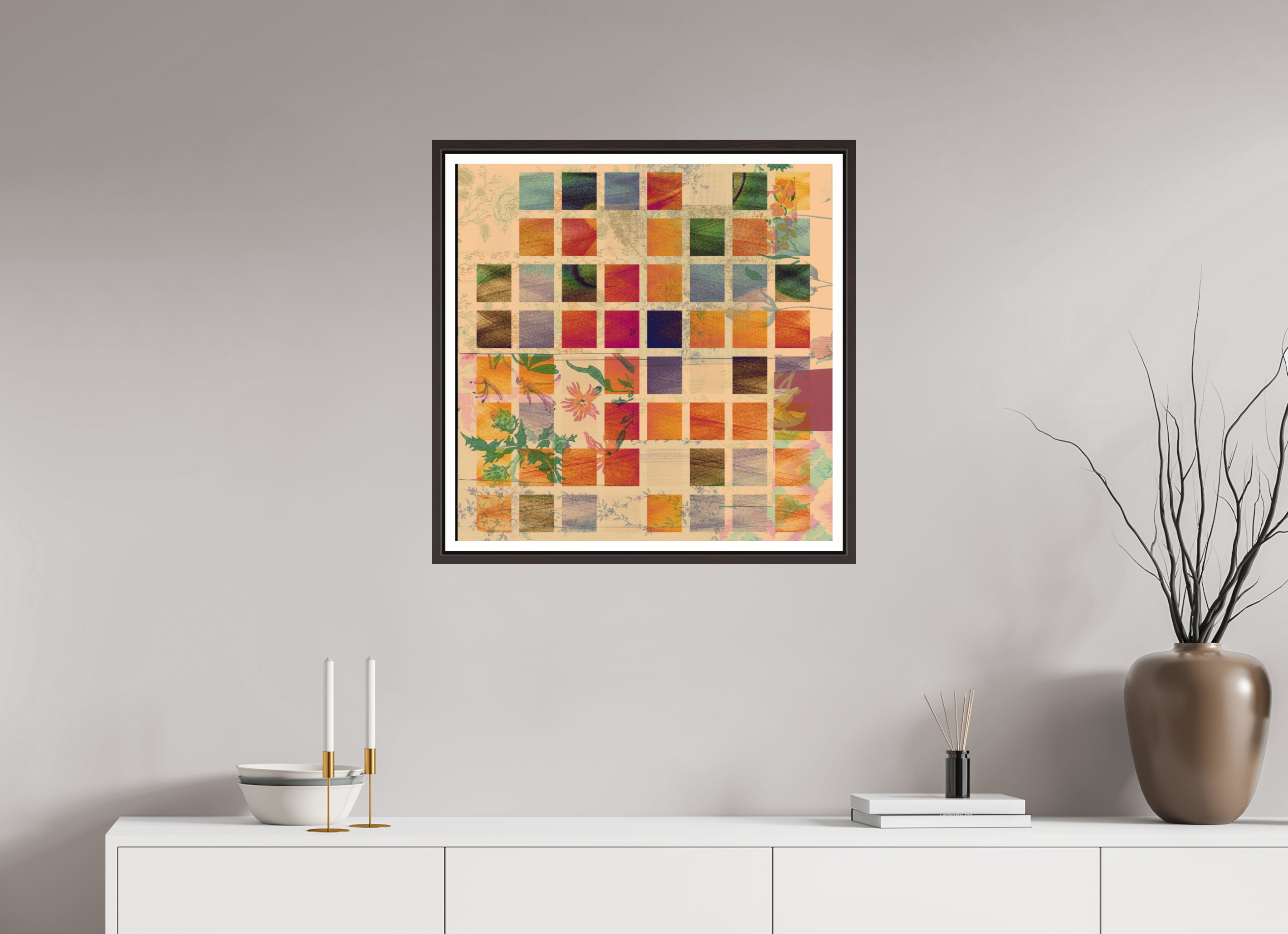 25 x 25″, Floater Frame (Alder Brown) Earth Tones
