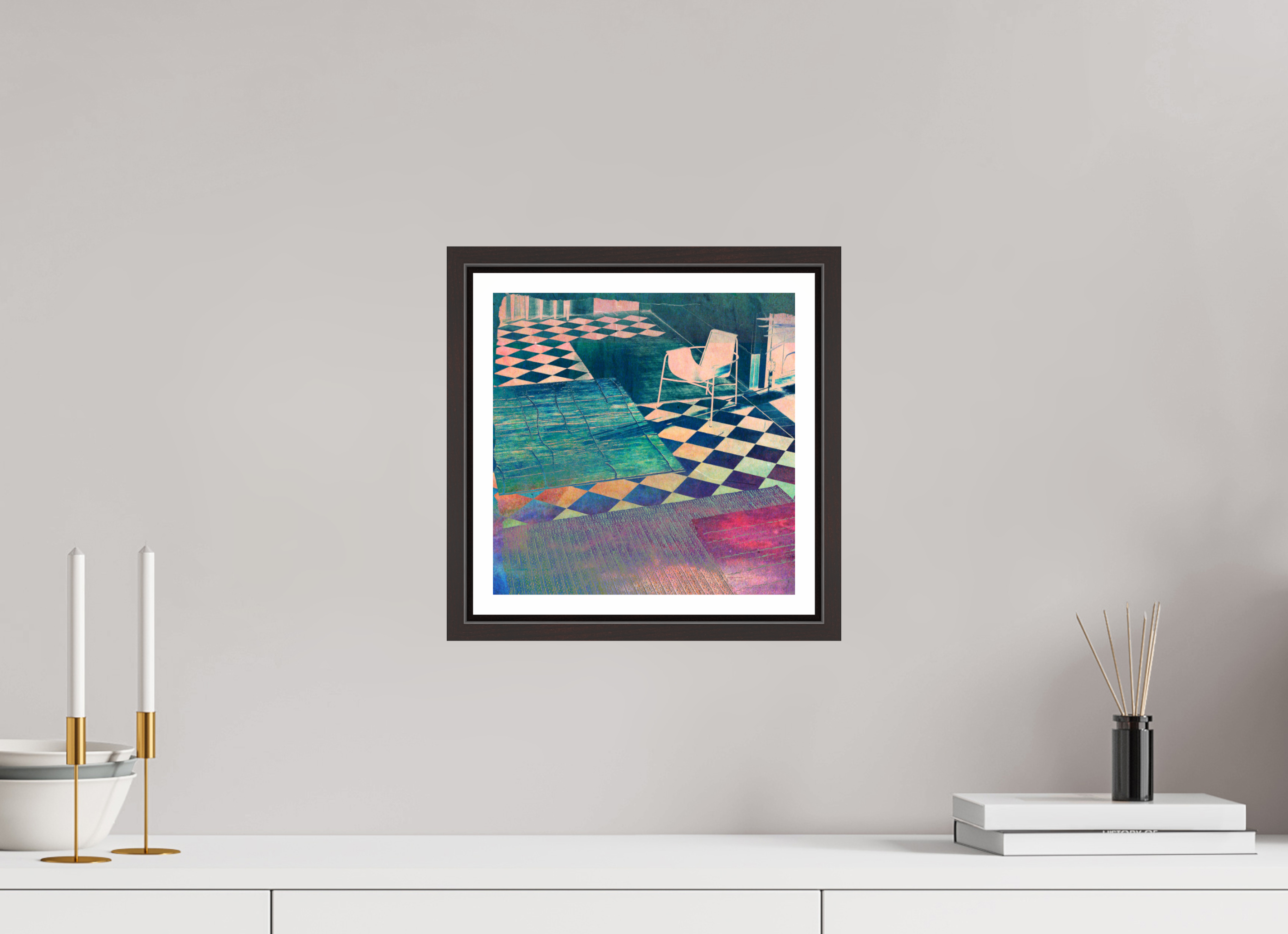 10 x 10″, Floater Frame (Alder Brown) Musical Chairs