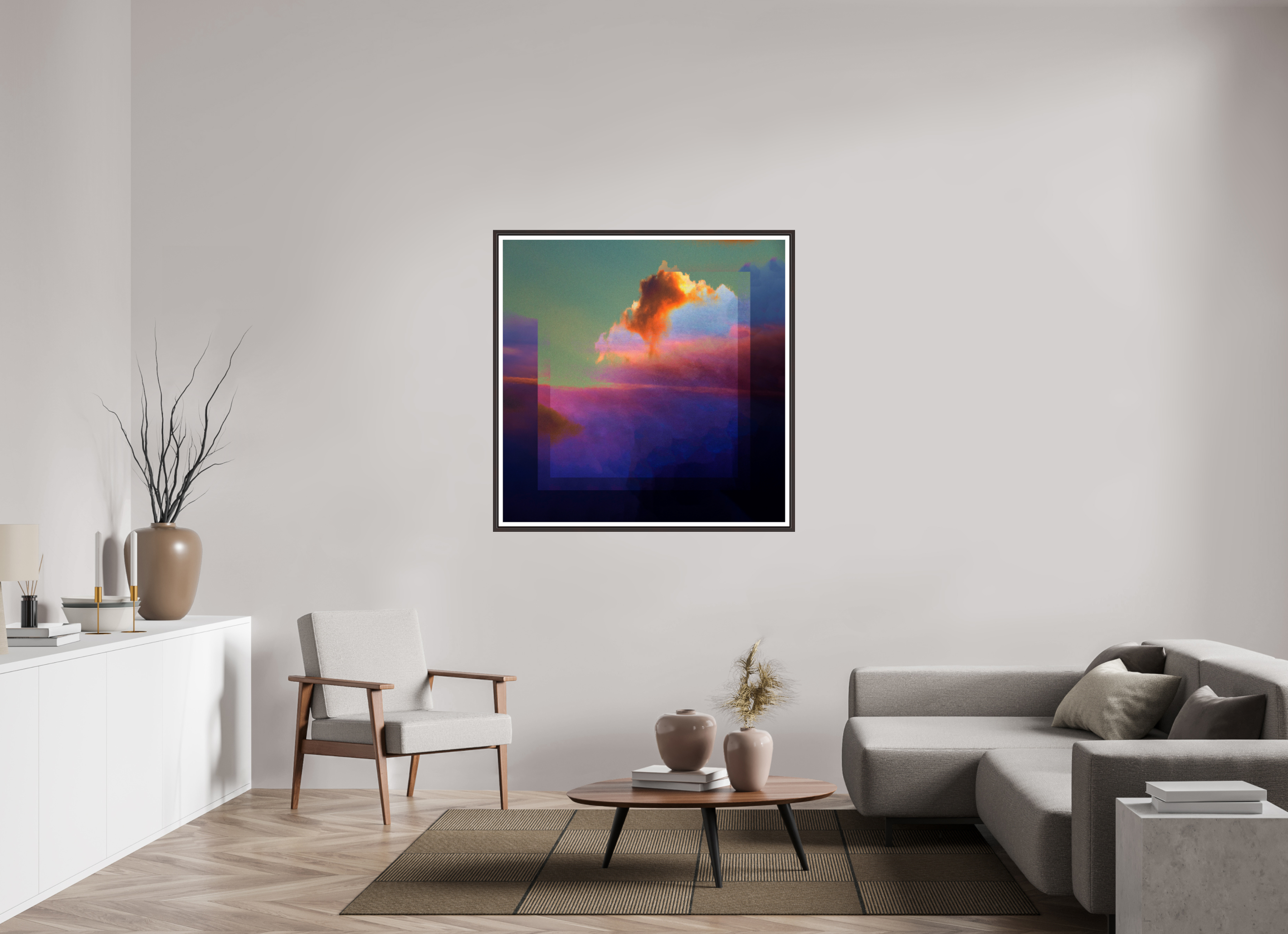 45 x 45″, Floater Frame (Alder Brown) Lofi Clouds