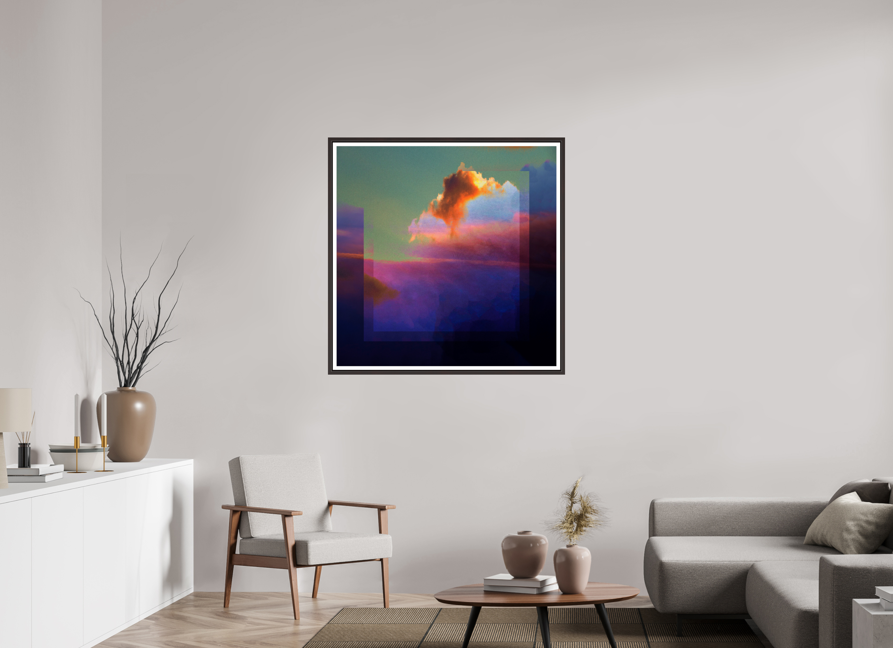 40 x 40″, Floater Frame (Alder Brown) Lofi Clouds