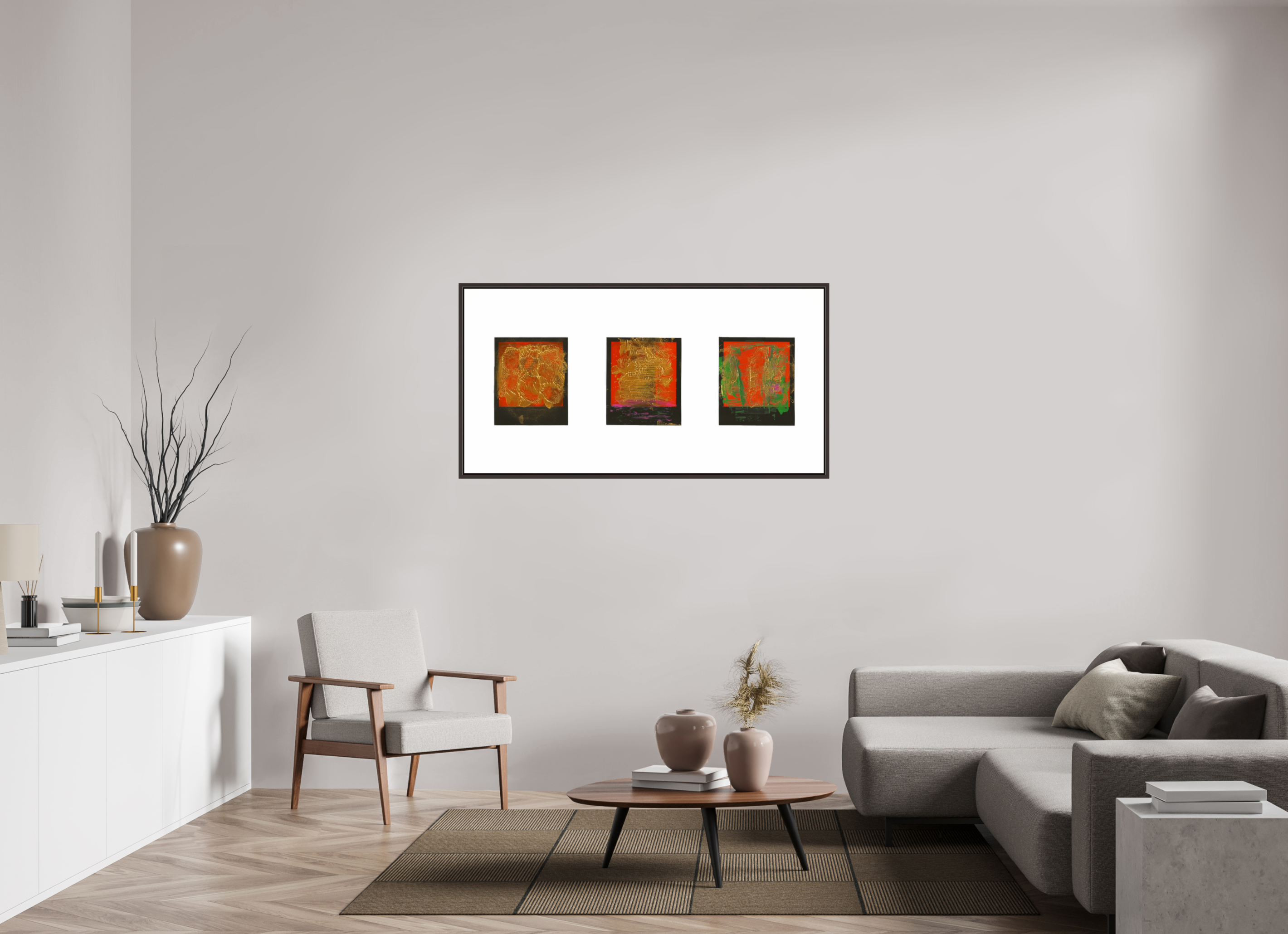56 x 28″, Floater Frame (Alder Brown) Polaroids