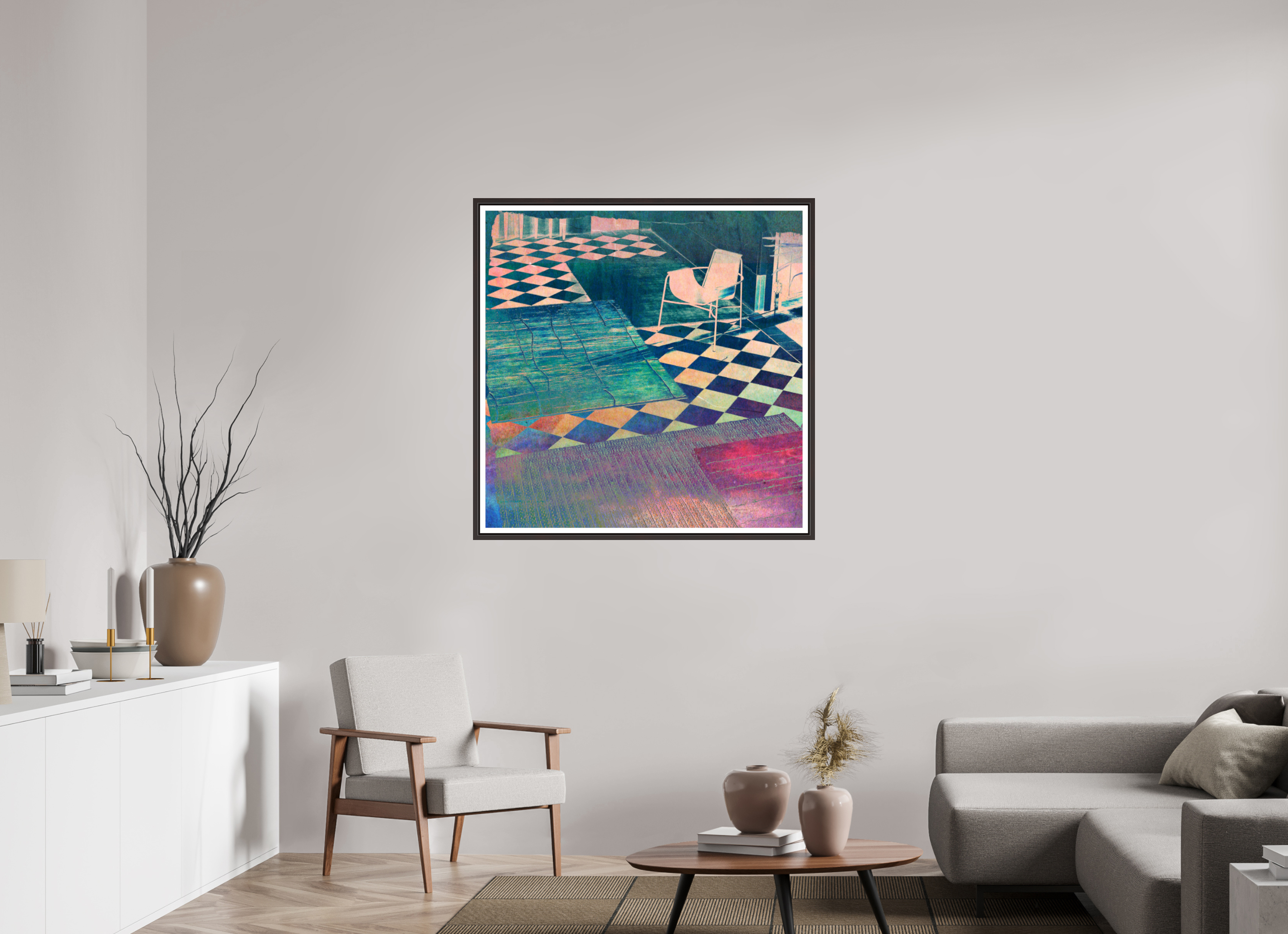 40 x 40″, Floater Frame (Alder Brown) Musical Chairs