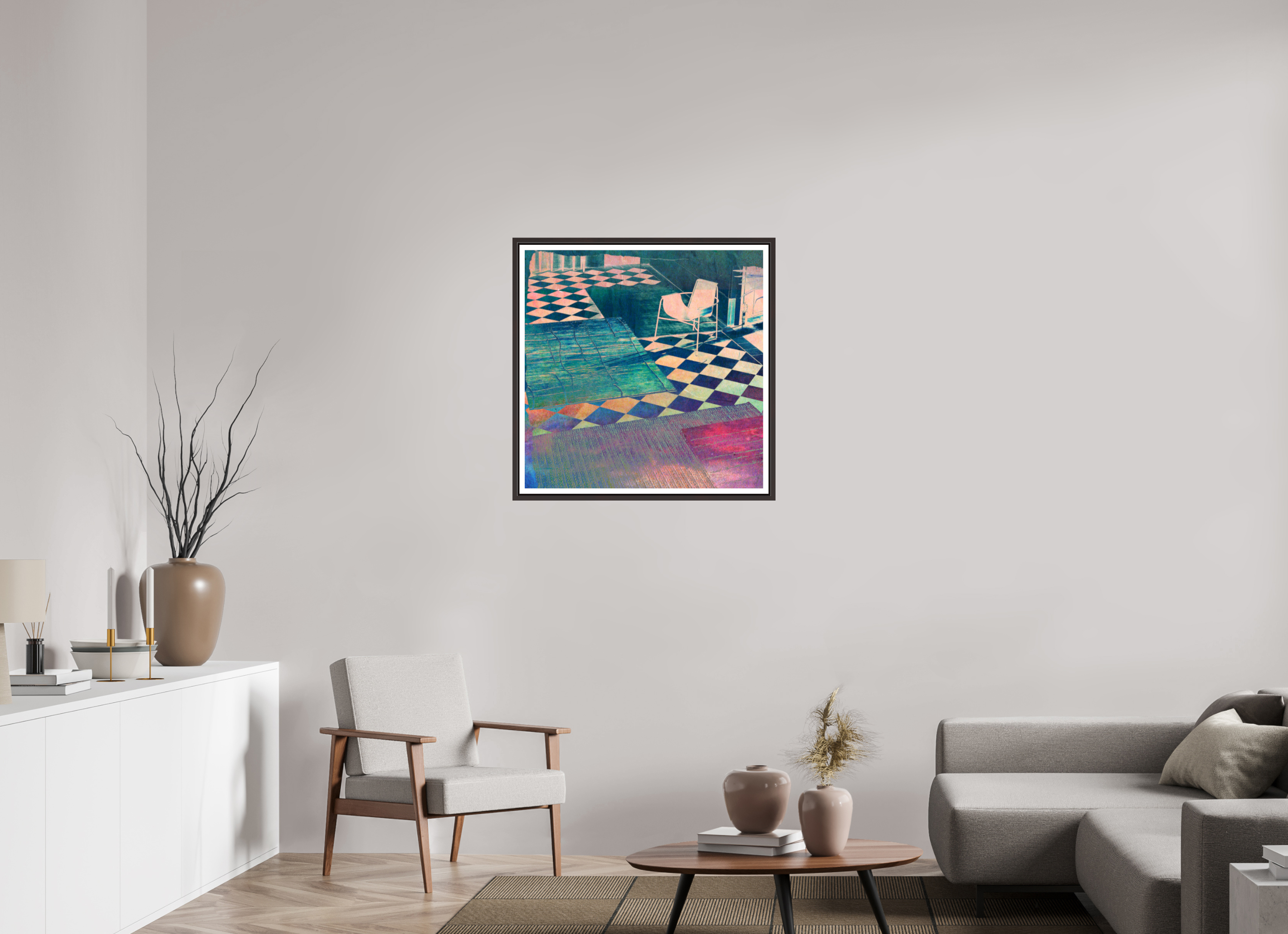 30 x 30″, Floater Frame (Alder Brown) Musical Chairs