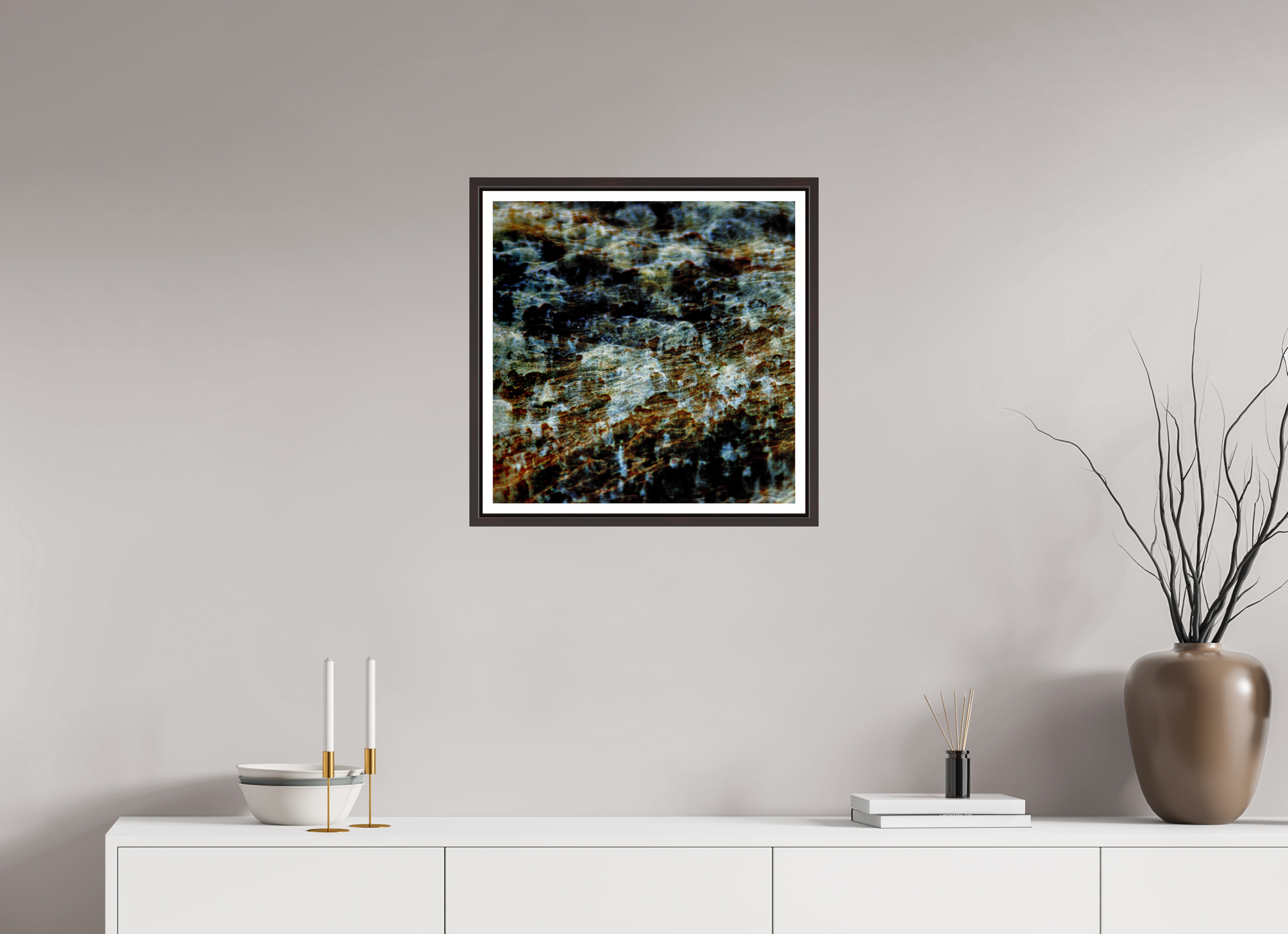 20 x 20″, Floater Frame (Alder Brown) Digital Snow