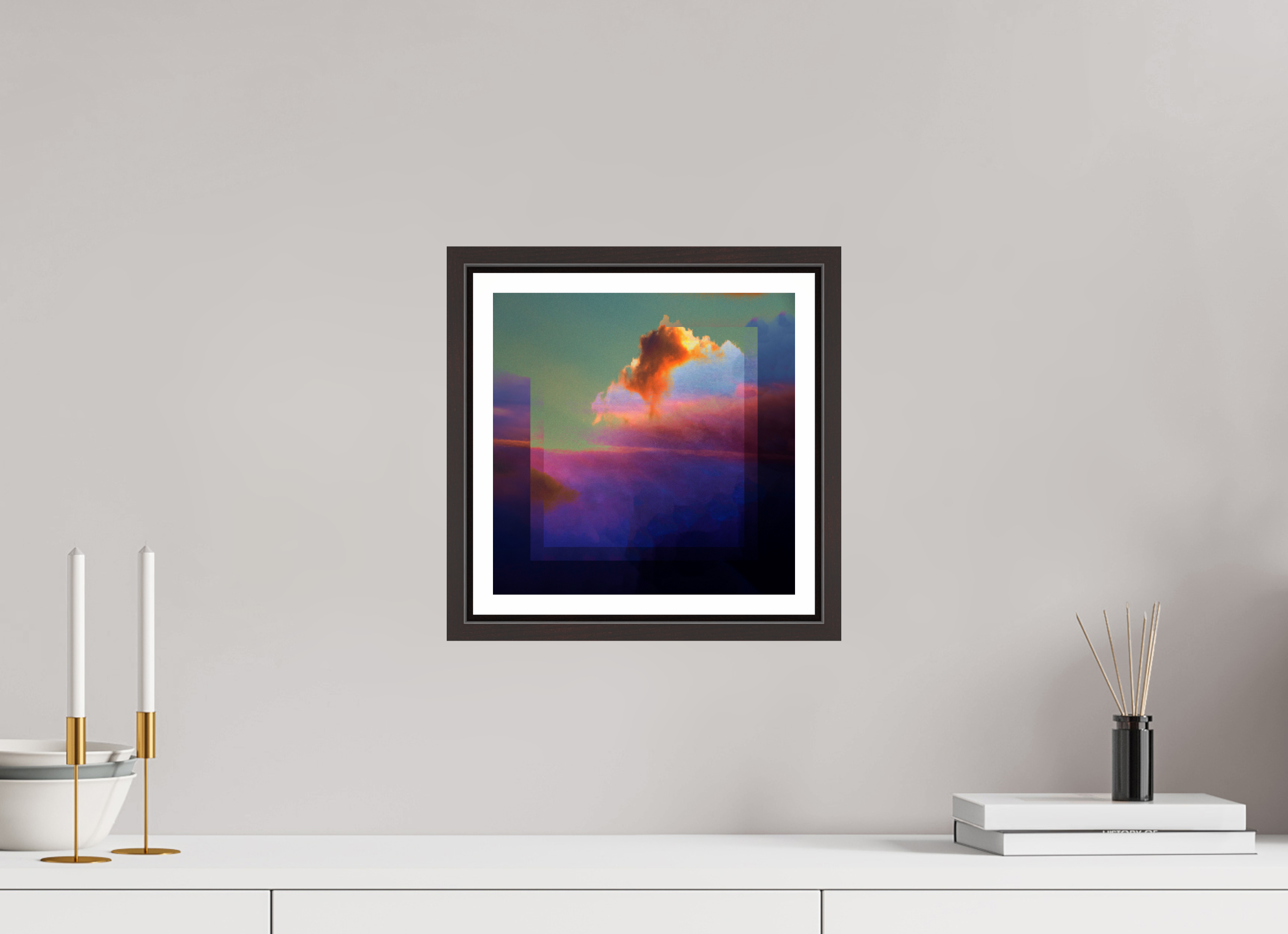 10 x 10″, Floater Frame (Alder Brown) Lofi Clouds