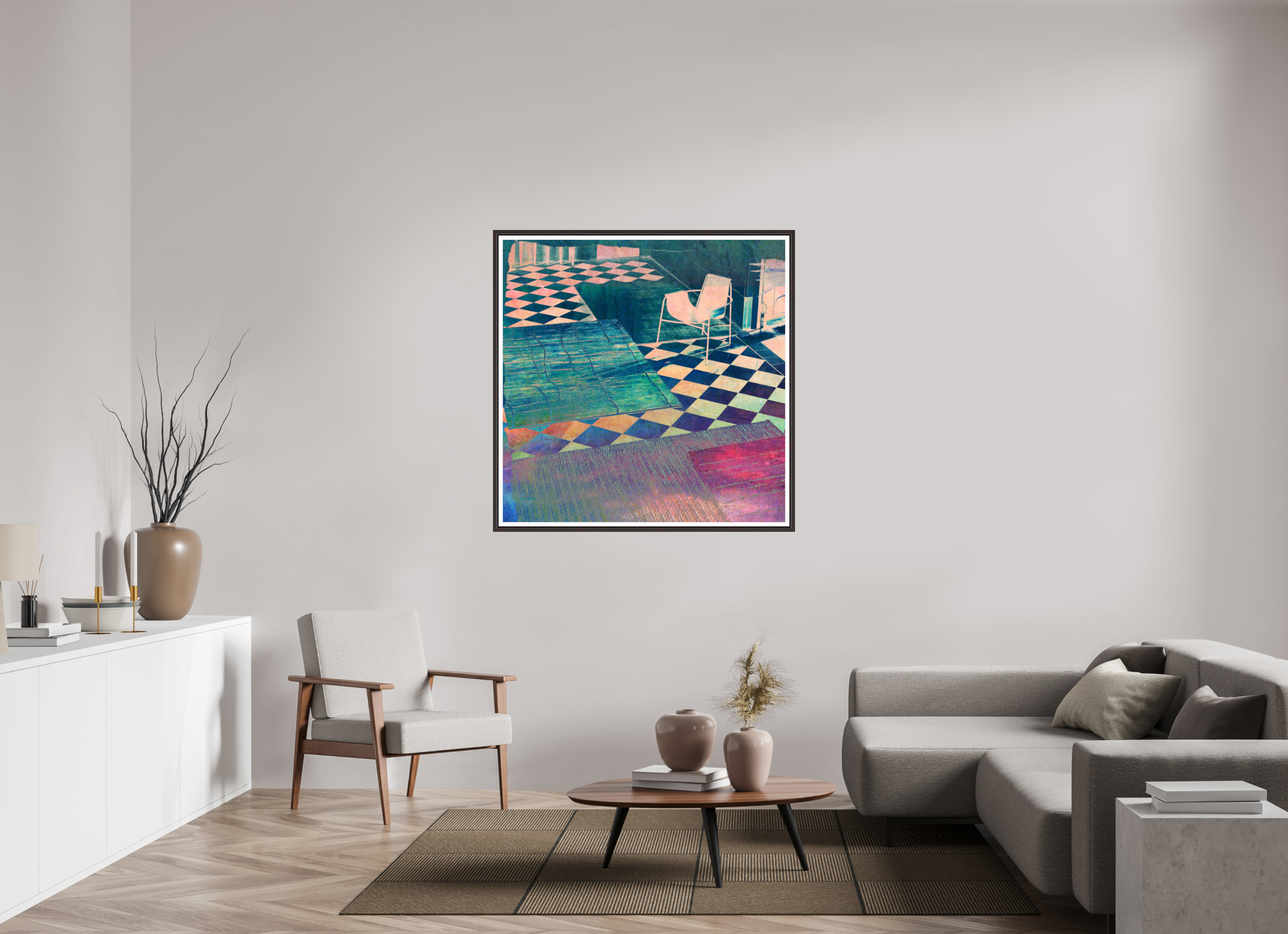 45 x 45″, Floater Frame (Alder Brown) Musical Chairs