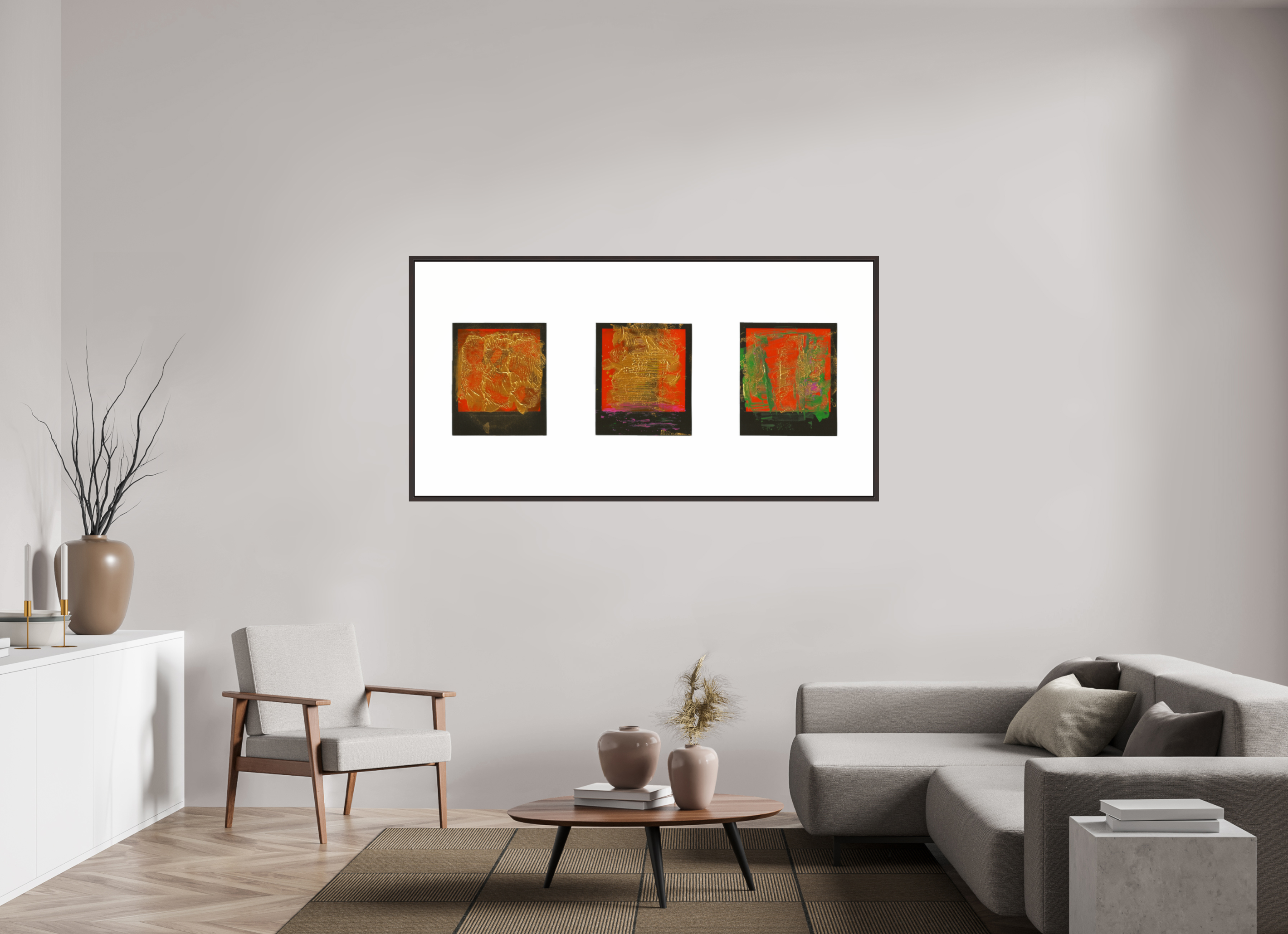 70 x 35″, Floater Frame (Alder Brown) Polaroids