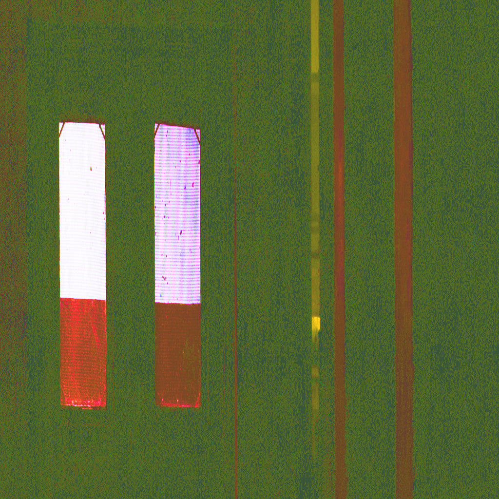 A square graphic print or tile featuring a textured green background with two vertical rectangular cutouts showing white and red sections, alongside vertical colored stripes.
