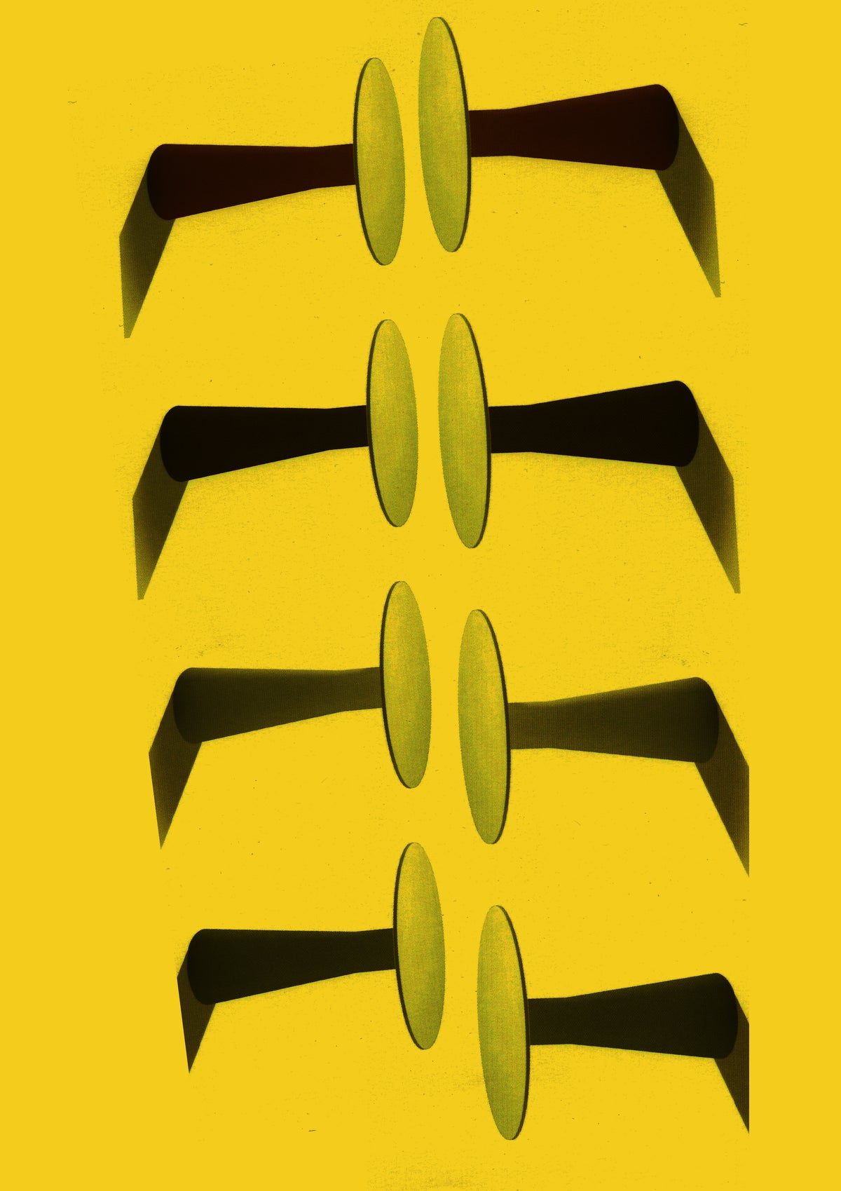 A graphic design print featuring five pairs of black tables arranged vertically on a bright yellow background.