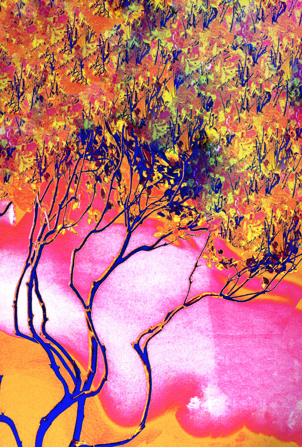 Vibrant abstract artwork depicting stylized tree branches in dark blue against a background of bright pink, orange, yellow, and green textured washes.