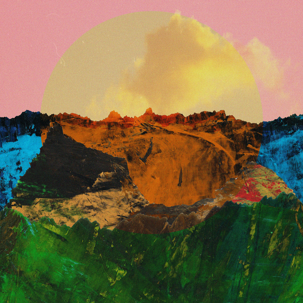 A stylized landscape artwork showing a mountainous or canyon-like scene with a large pale yellow sun or moon in a pink sky, green and blue foreground vegetation, and warm orange-brown rock formations.