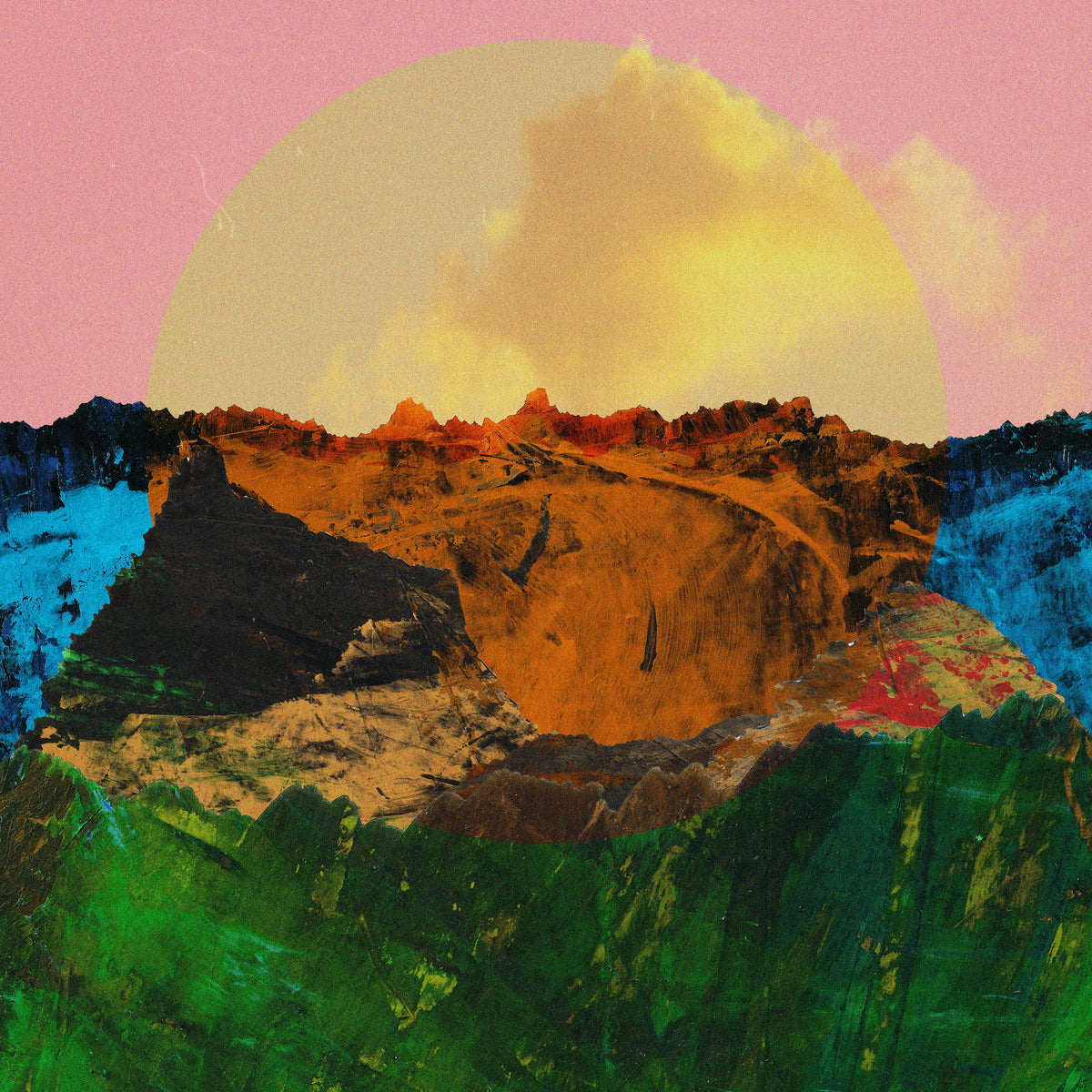 A stylized landscape artwork showing a mountainous or canyon-like scene with a large pale yellow sun or moon in a pink sky, green and blue foreground vegetation, and warm orange-brown rock formations.