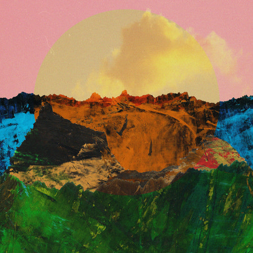 A stylized landscape artwork showing a mountainous or canyon-like scene with a large pale yellow sun or moon in a pink sky, green and blue foreground vegetation, and warm orange-brown rock formations.