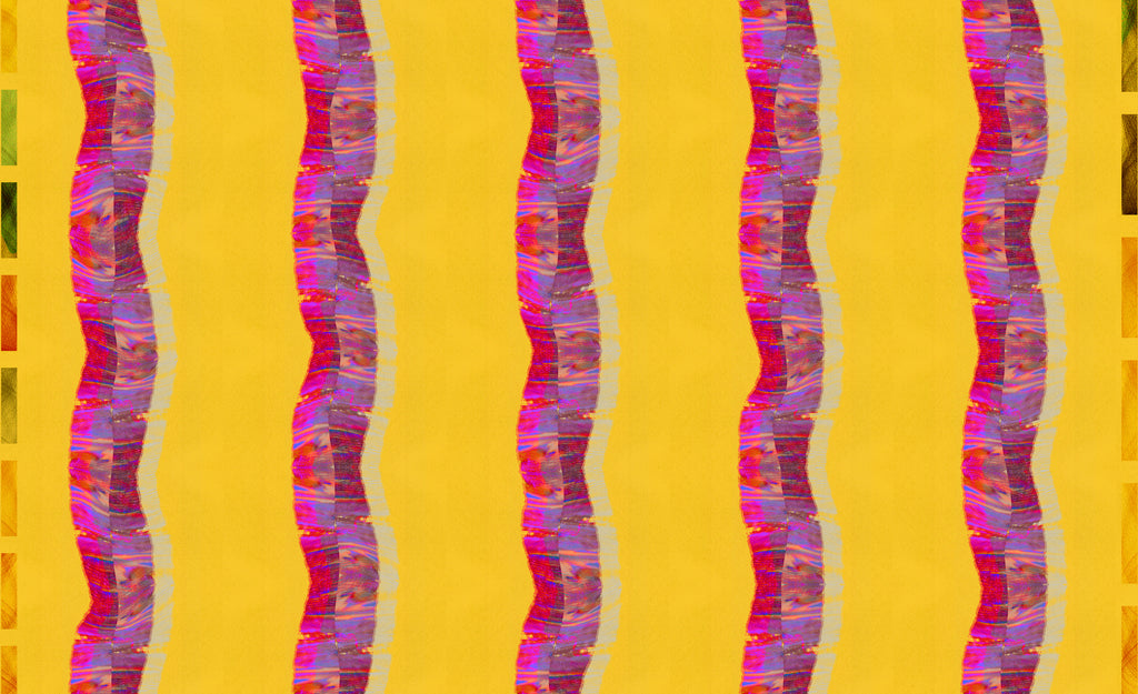 A close-up of a fabric or textile pattern featuring bright yellow vertical stripes with wavy, textured purple and magenta vertical bands.