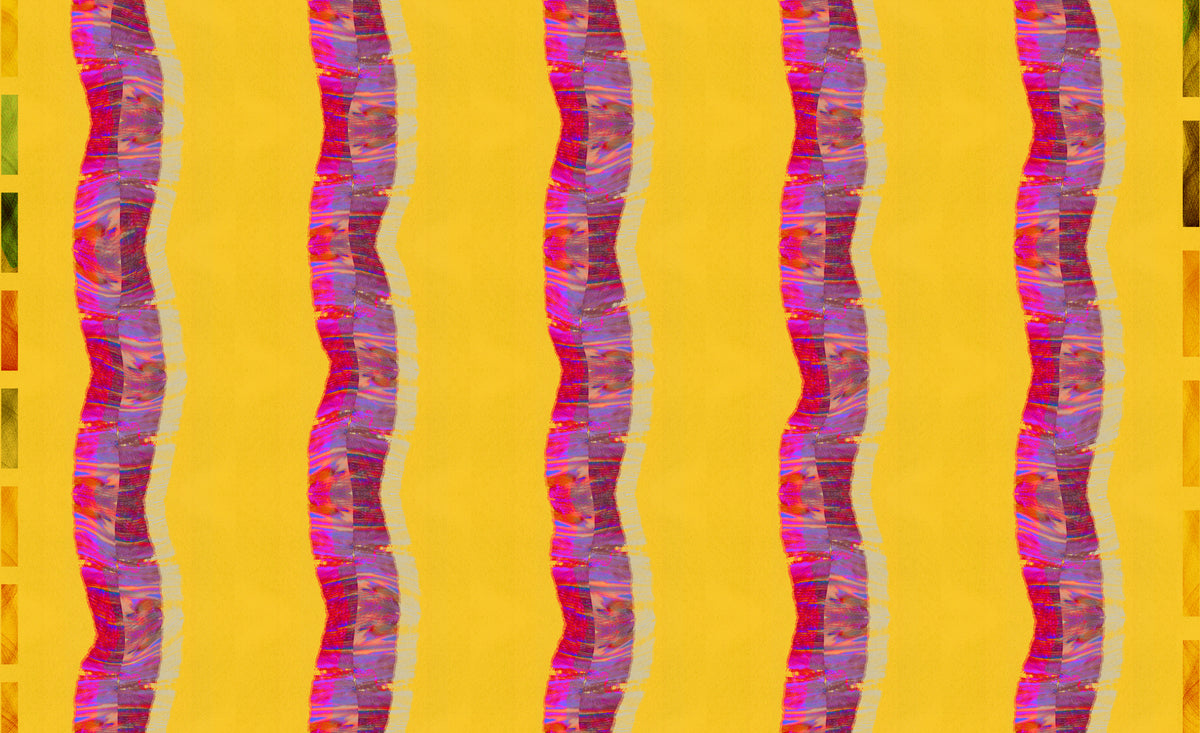 A close-up of a fabric or textile pattern featuring bright yellow vertical stripes with wavy, textured purple and magenta vertical bands.
