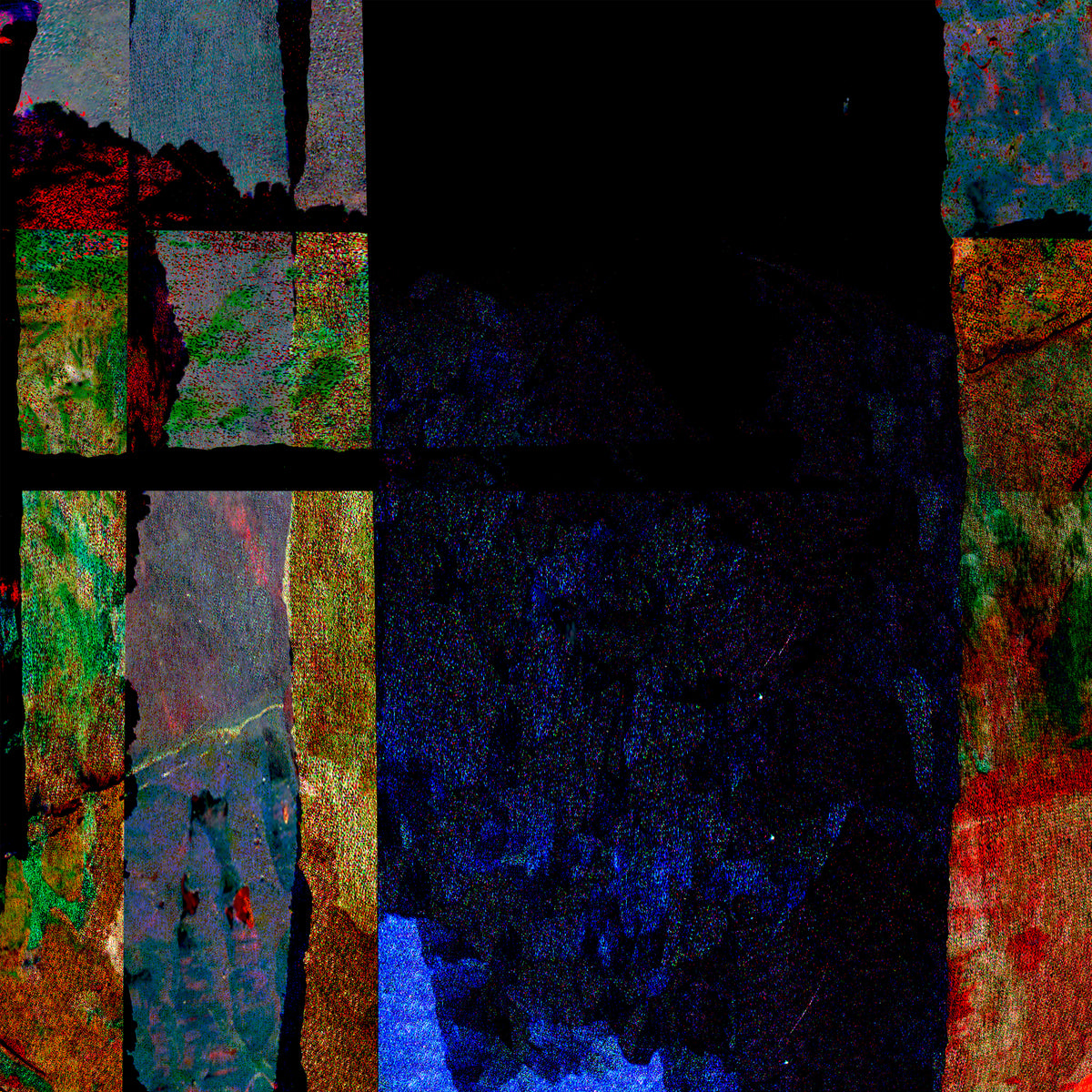 An abstract square artwork composed of multiple textured panels in dark blue, black, green, red, and brown tones, resembling a stained-glass or mosaic-style print.