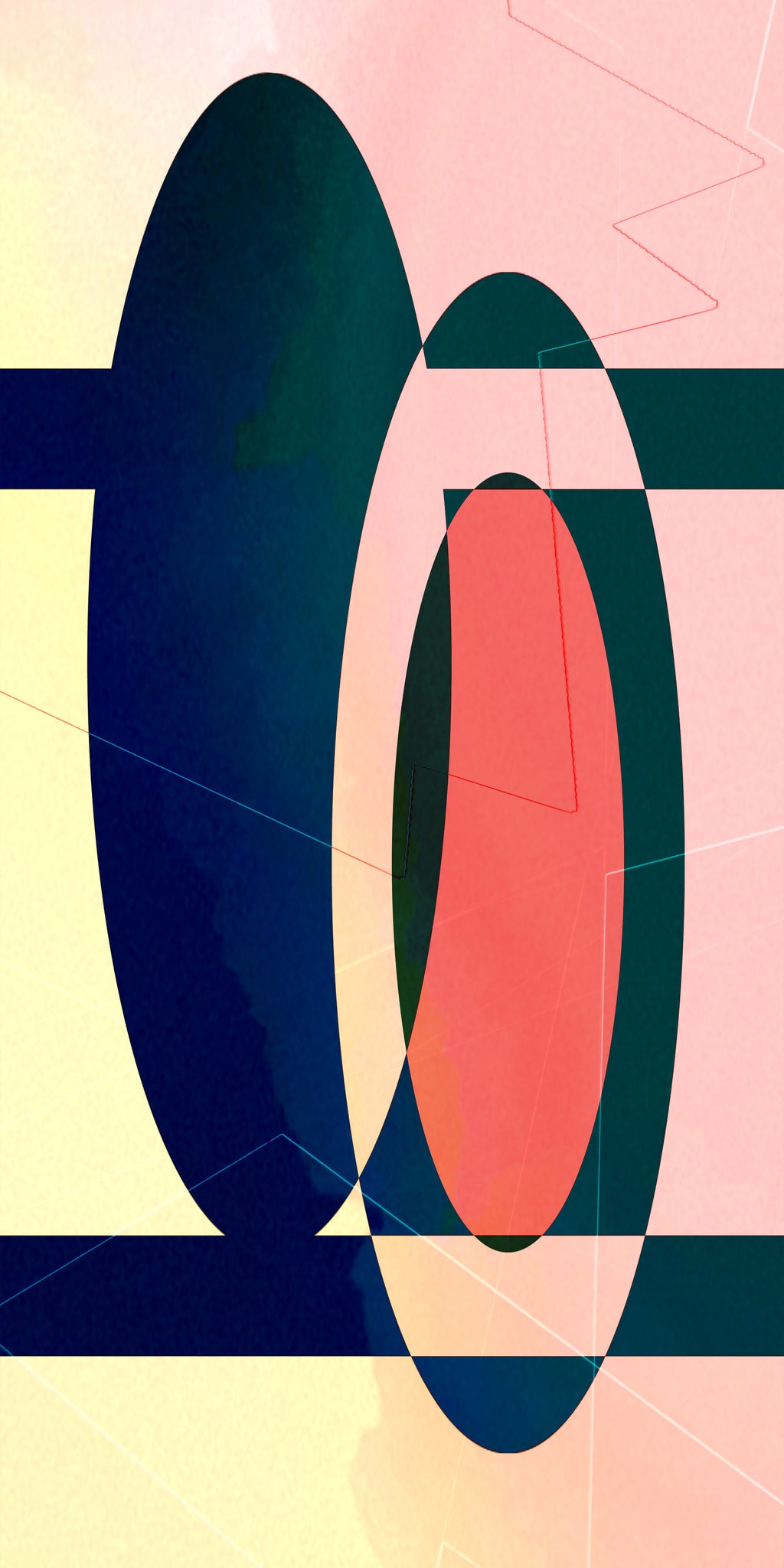 Abstract geometric art print featuring overlapping organic oval shapes in navy blue, coral pink, cream, and dark green on a pastel pink and pale yellow background.