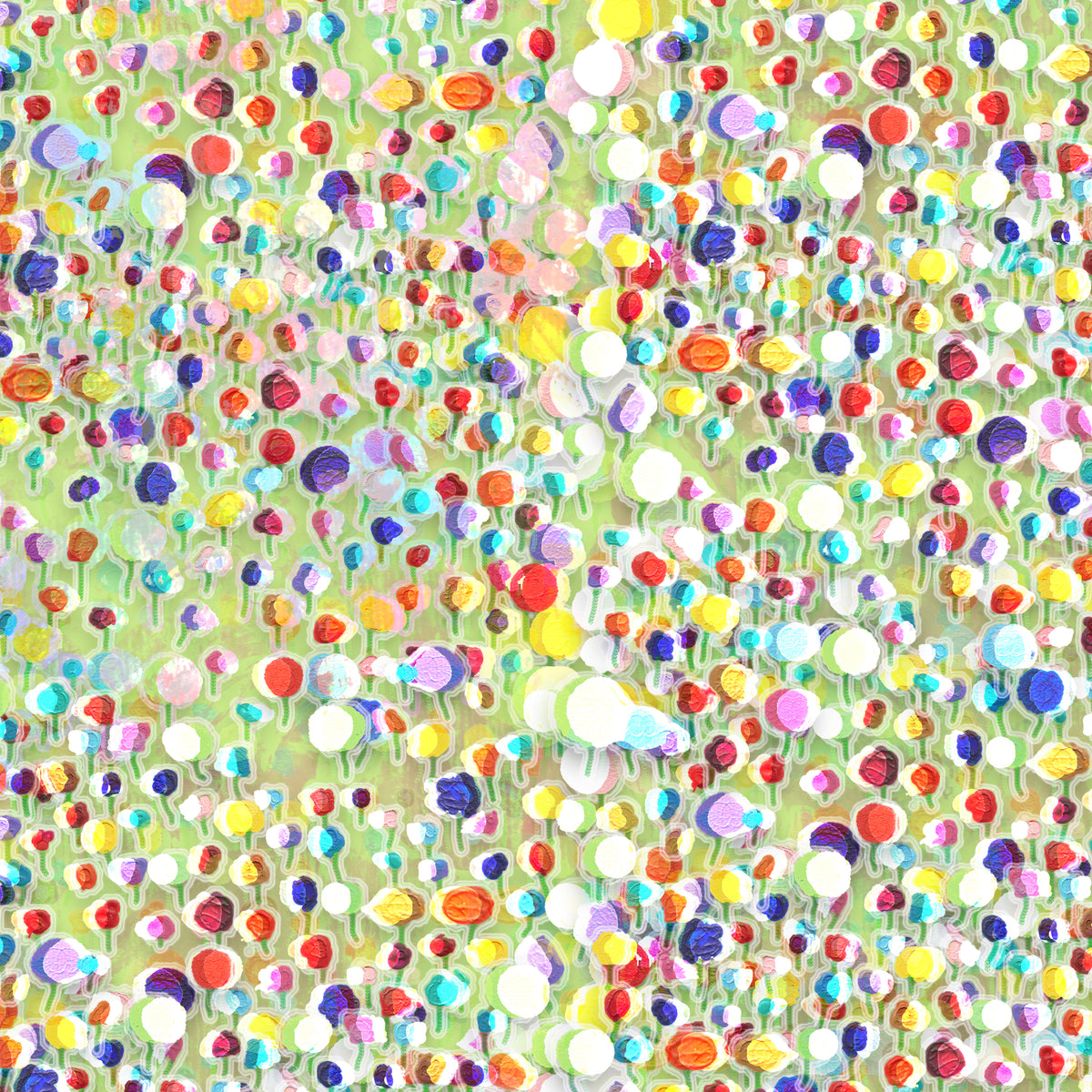 A colorful abstract floral or dot pattern filling the frame, with many small circles and brushstrokes in red, yellow, blue, purple, pink, orange, and white over a pale green background.