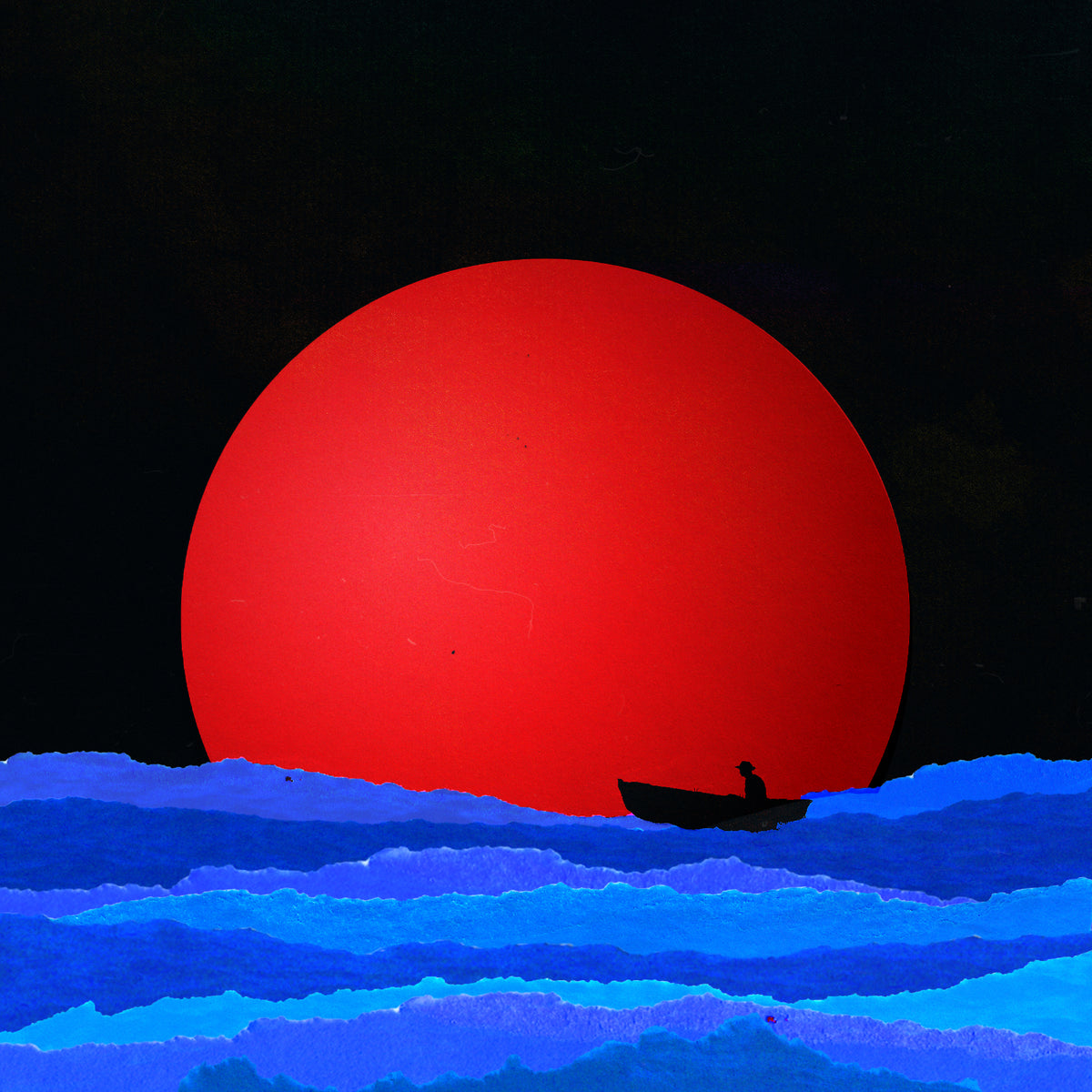 A stylized artwork of a large red sun over layered blue ocean waves, with a small black boat and figure silhouette near the horizon against a black sky.