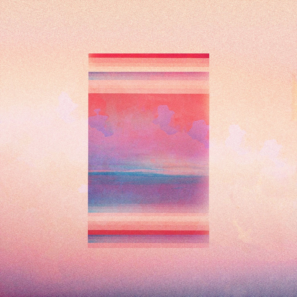 Abstract art print featuring a central vertical rectangular panel with horizontal pastel bands in pink, red, purple, and blue, set against a textured peach-pink background.