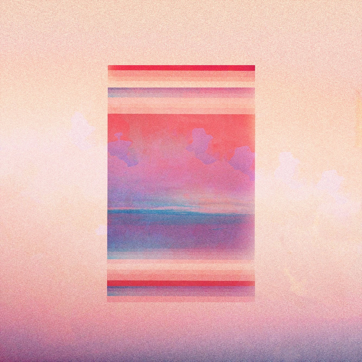 Abstract art print featuring a central vertical rectangular panel with horizontal pastel bands in pink, red, purple, and blue, set against a textured peach-pink background.