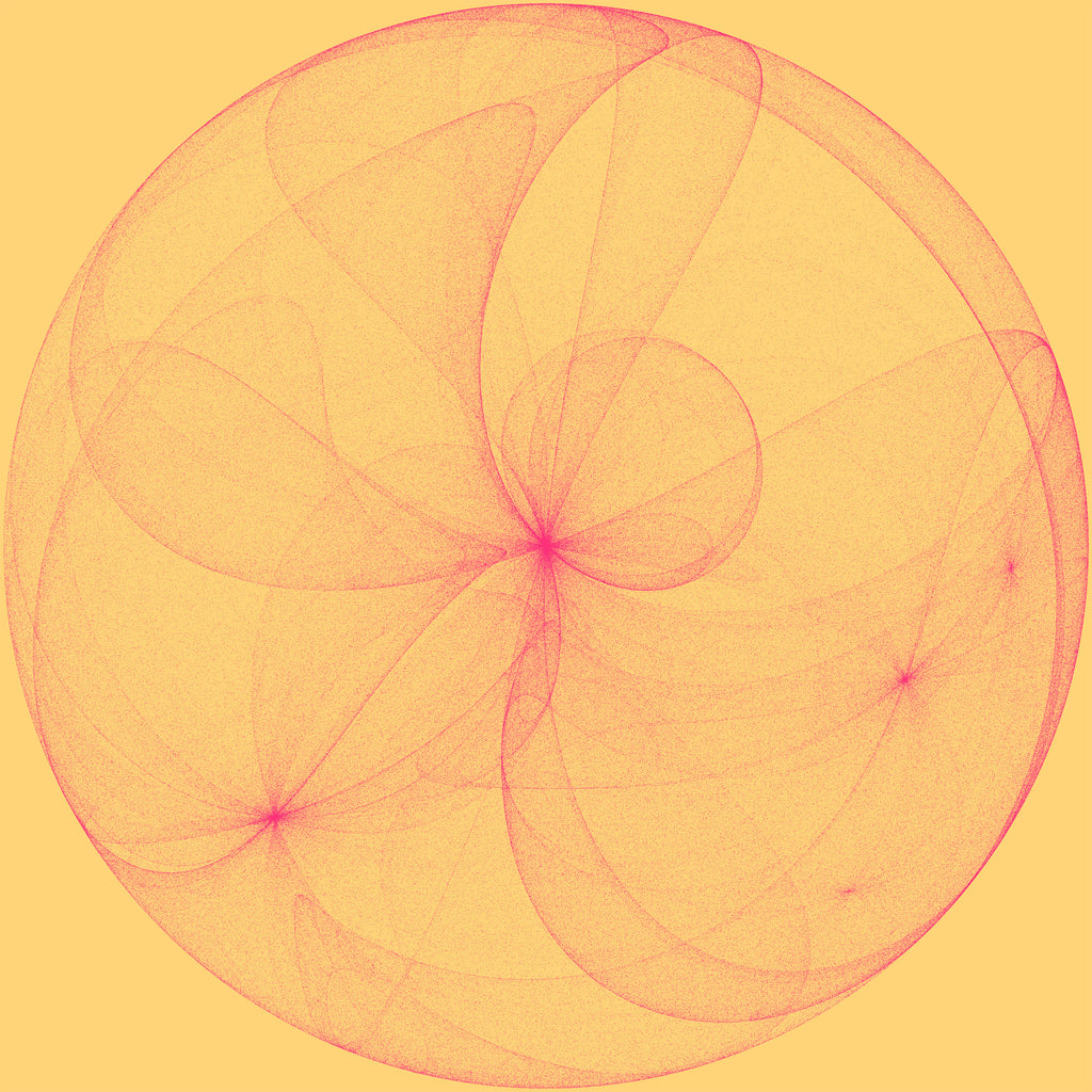 A circular abstract graphic with layered translucent petal-like curves in pink and red on a warm yellow background.