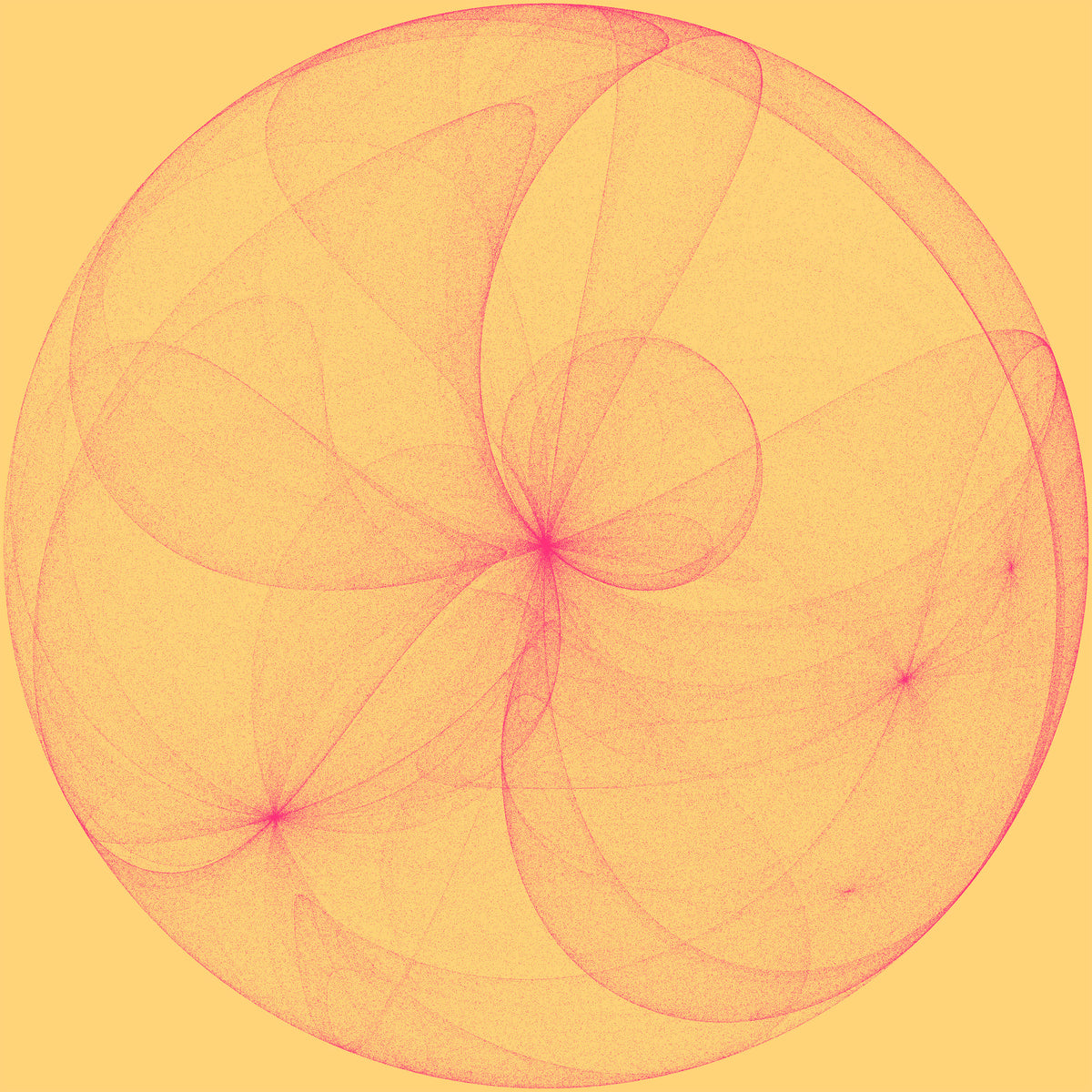 A circular abstract graphic with layered translucent petal-like curves in pink and red on a warm yellow background.