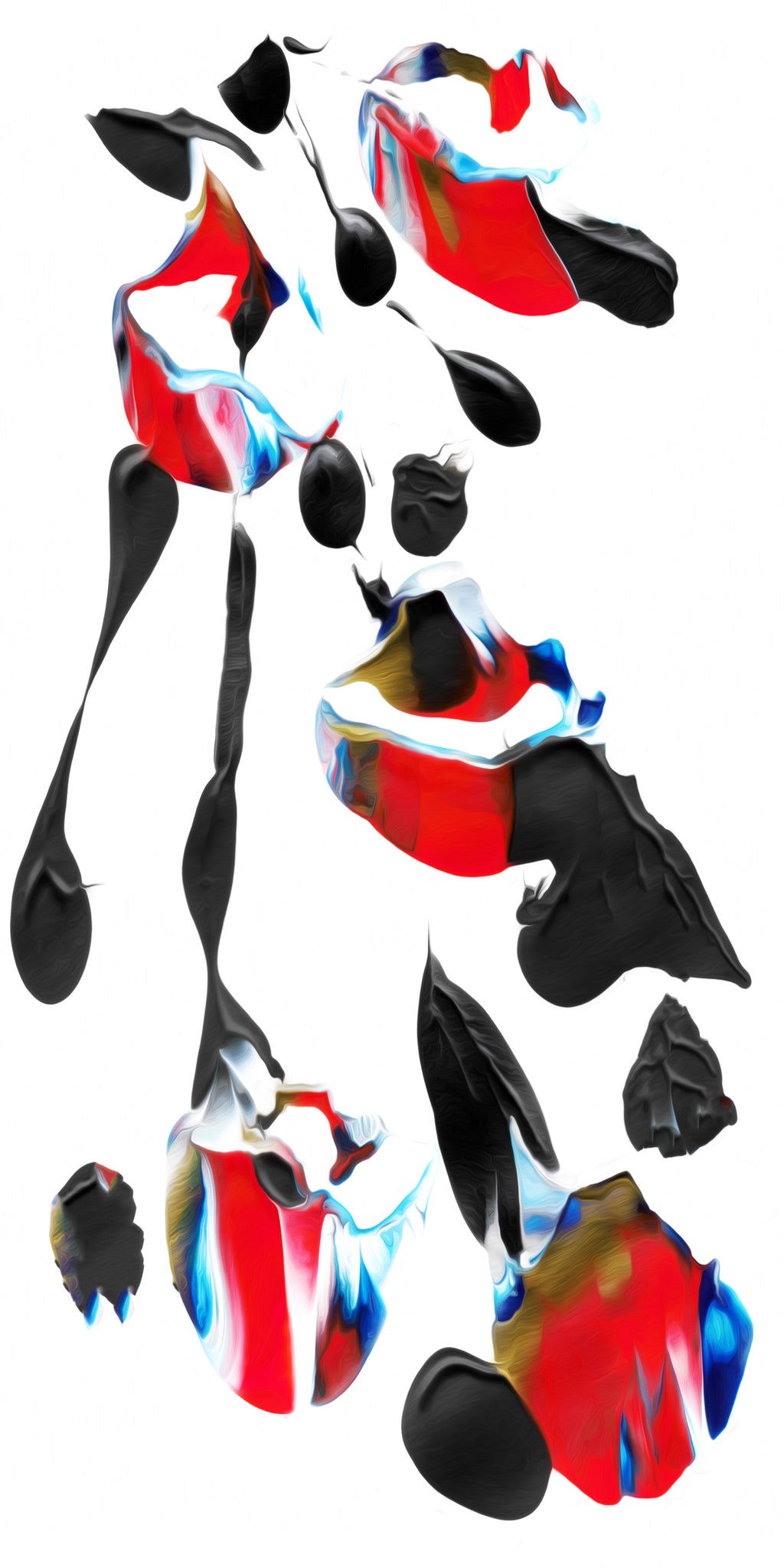 Abstract paint splatter artwork featuring bold shapes in red, black, white, blue, and a small amount of gold on a plain white background.