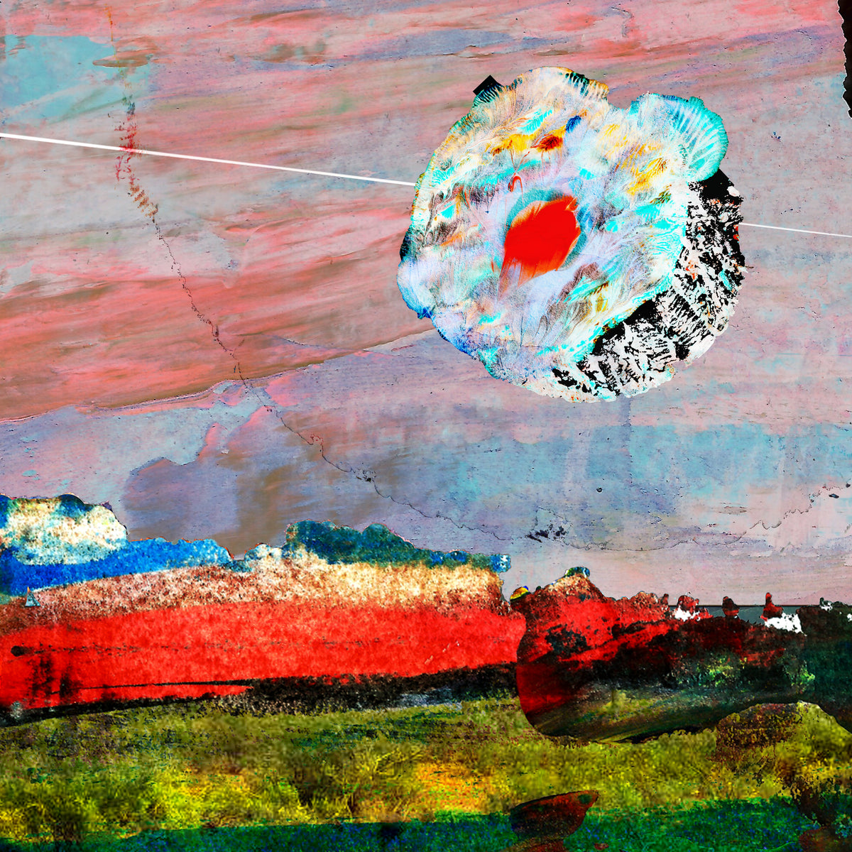 Abstract landscape-style artwork with a large irregular white and blue shape featuring a bright red center, set against a pink, gray, and blue textured background with red and green lower areas.