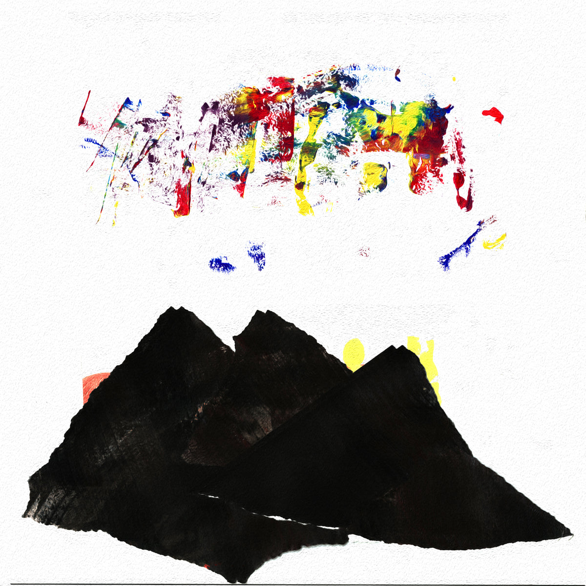 Abstract painting featuring two large black mountain-like shapes at the bottom and a colorful paint-splatter composition across the top on a white background.