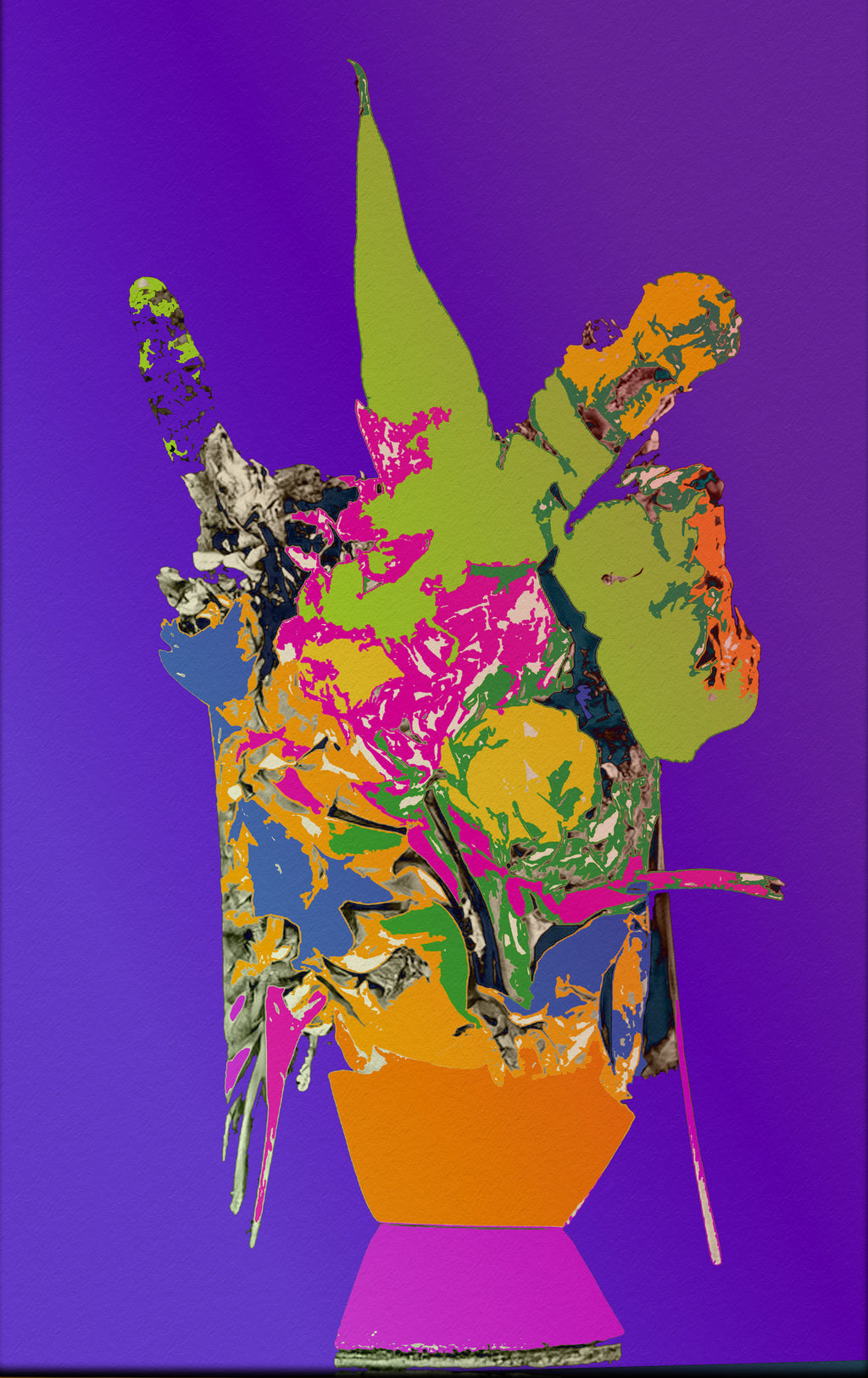 Vibrant pop art style floral arrangement in a bright orange vase against a solid purple background, featuring bold colors including pink, green, yellow, blue, and orange.
