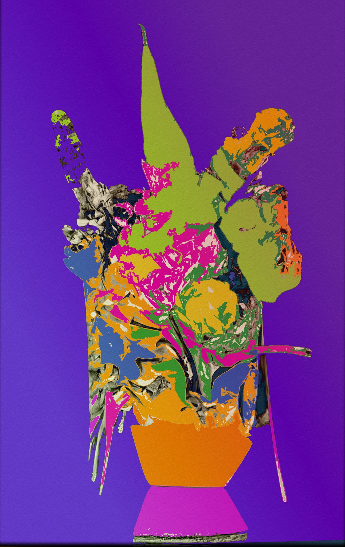 Vibrant pop art style floral arrangement in a bright orange vase against a solid purple background, featuring bold colors including pink, green, yellow, blue, and orange.