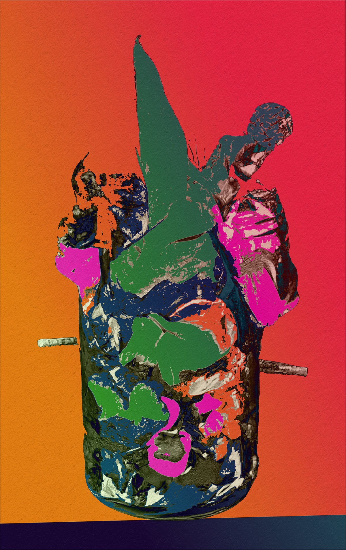 A colorful pop-art style painting of a paint can filled with abstract brushstrokes in green, pink, blue, orange, and black, set against a red-to-orange gradient background.