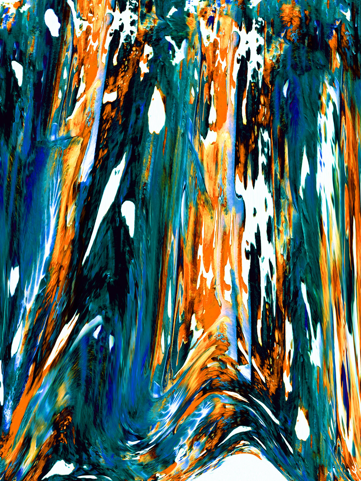 Abstract vertical artwork with swirling brushstrokes in teal blue, orange, black, and white, filling the full frame.