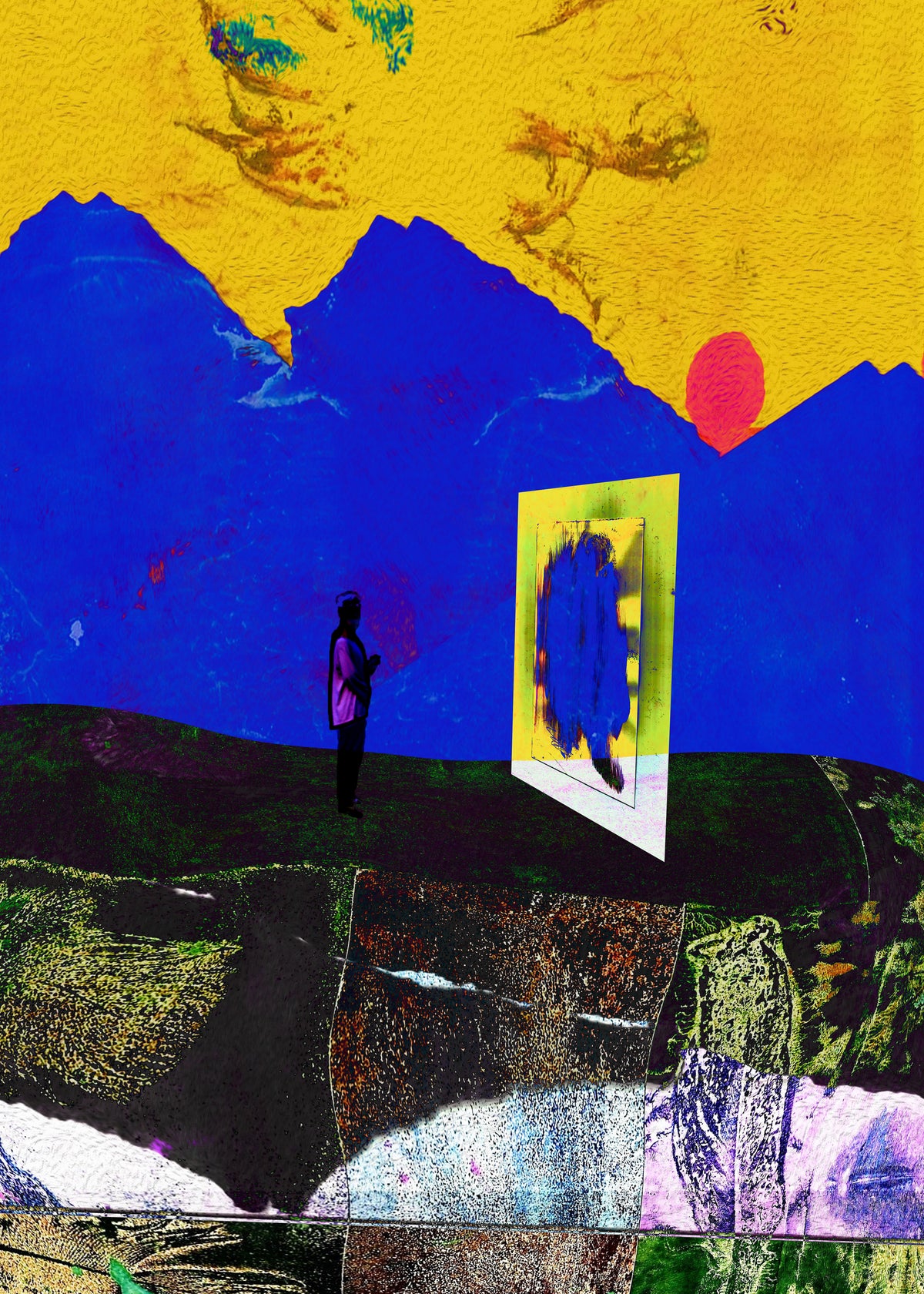 A highly colorful abstract collage-style artwork featuring a large blue mountain-like shape, a bright yellow upper field, a red circular form, a small dark human silhouette, and a tilted rectangular panel with abstract blue, yellow, and white shapes.