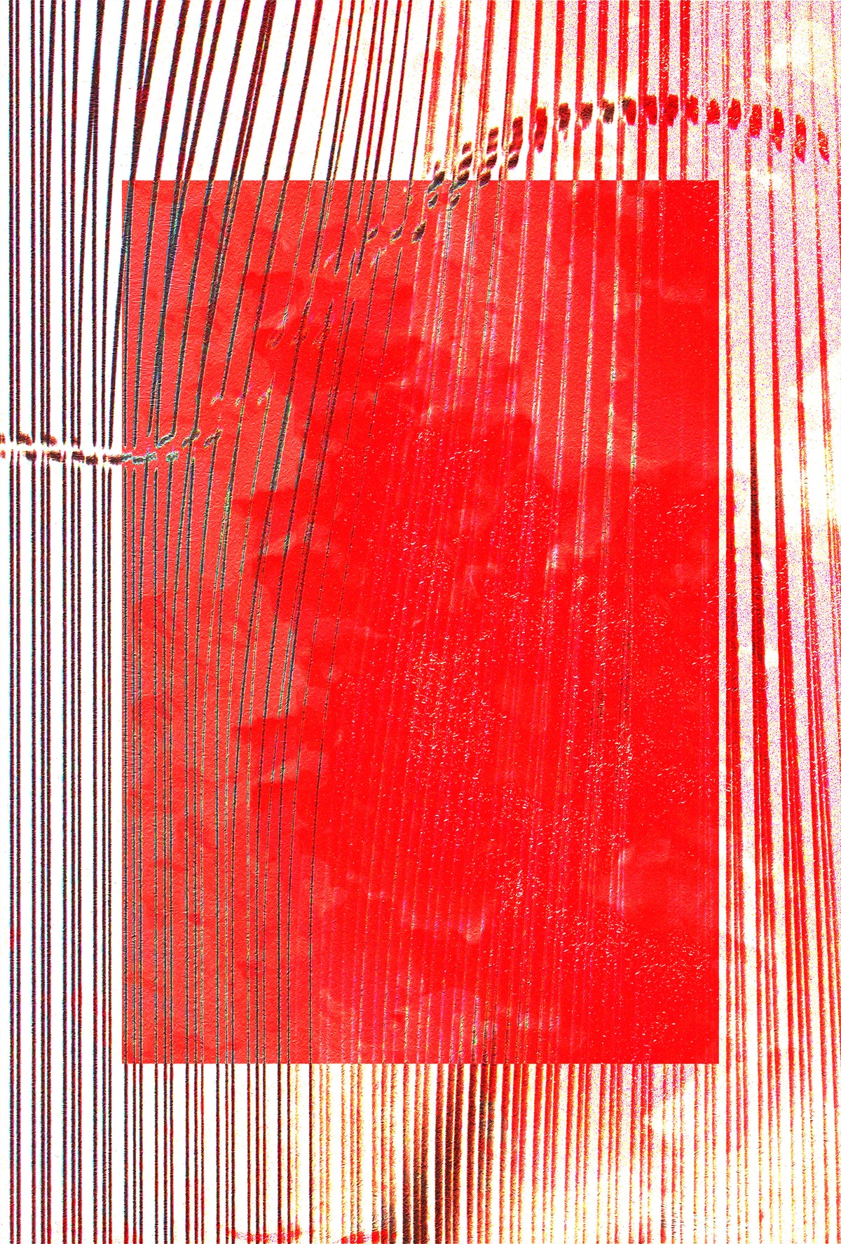 Abstract art print featuring a large textured red square centered on a background of vertical white, red, and black lines.