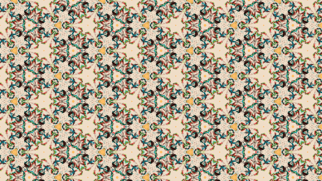A seamless repeating pattern featuring a symmetrical, kaleidoscopic design with floral and scroll motifs in teal, rust, gold, and black on a textured beige background.